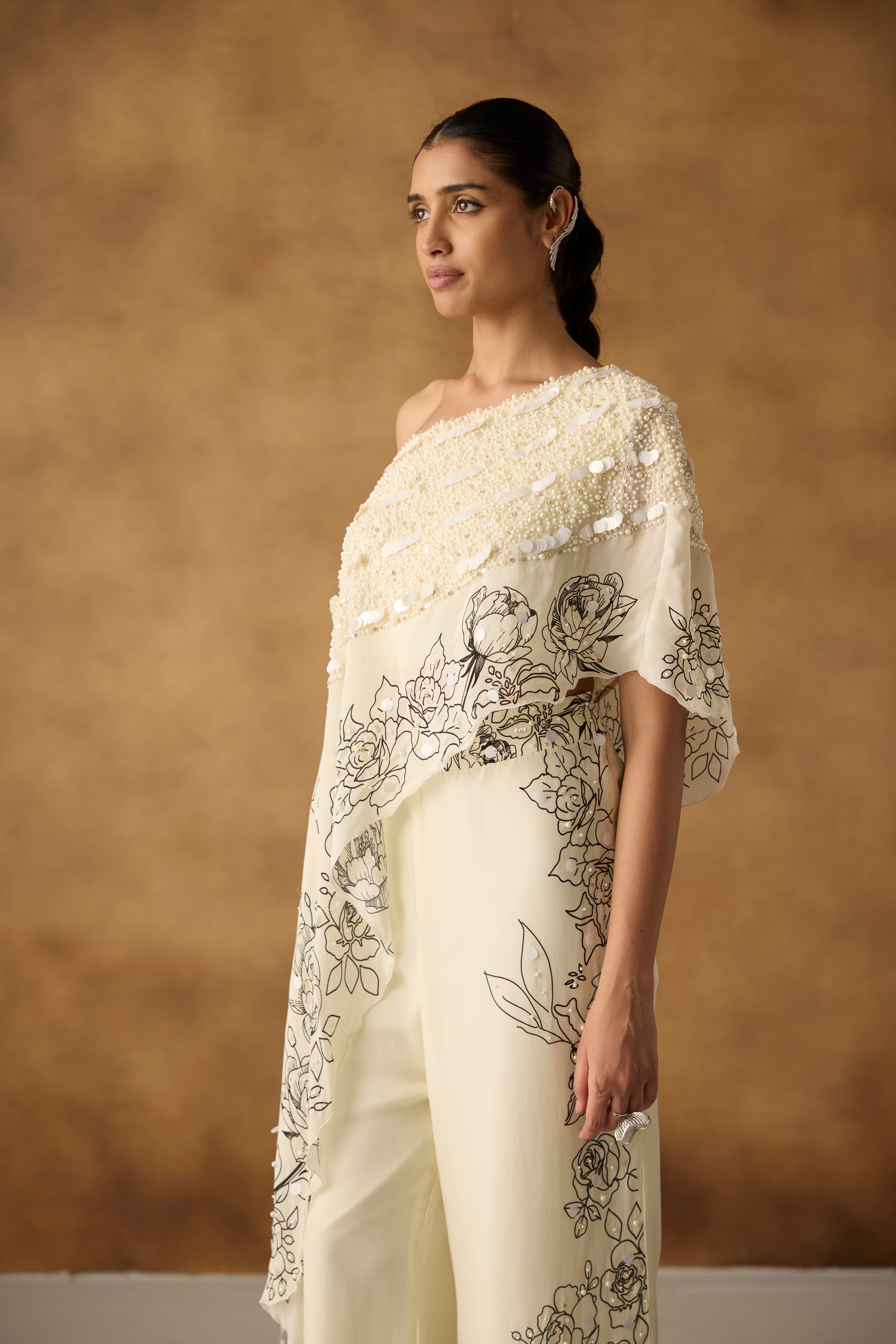 Chic White Embellished One-Shoulder Palazzo Set