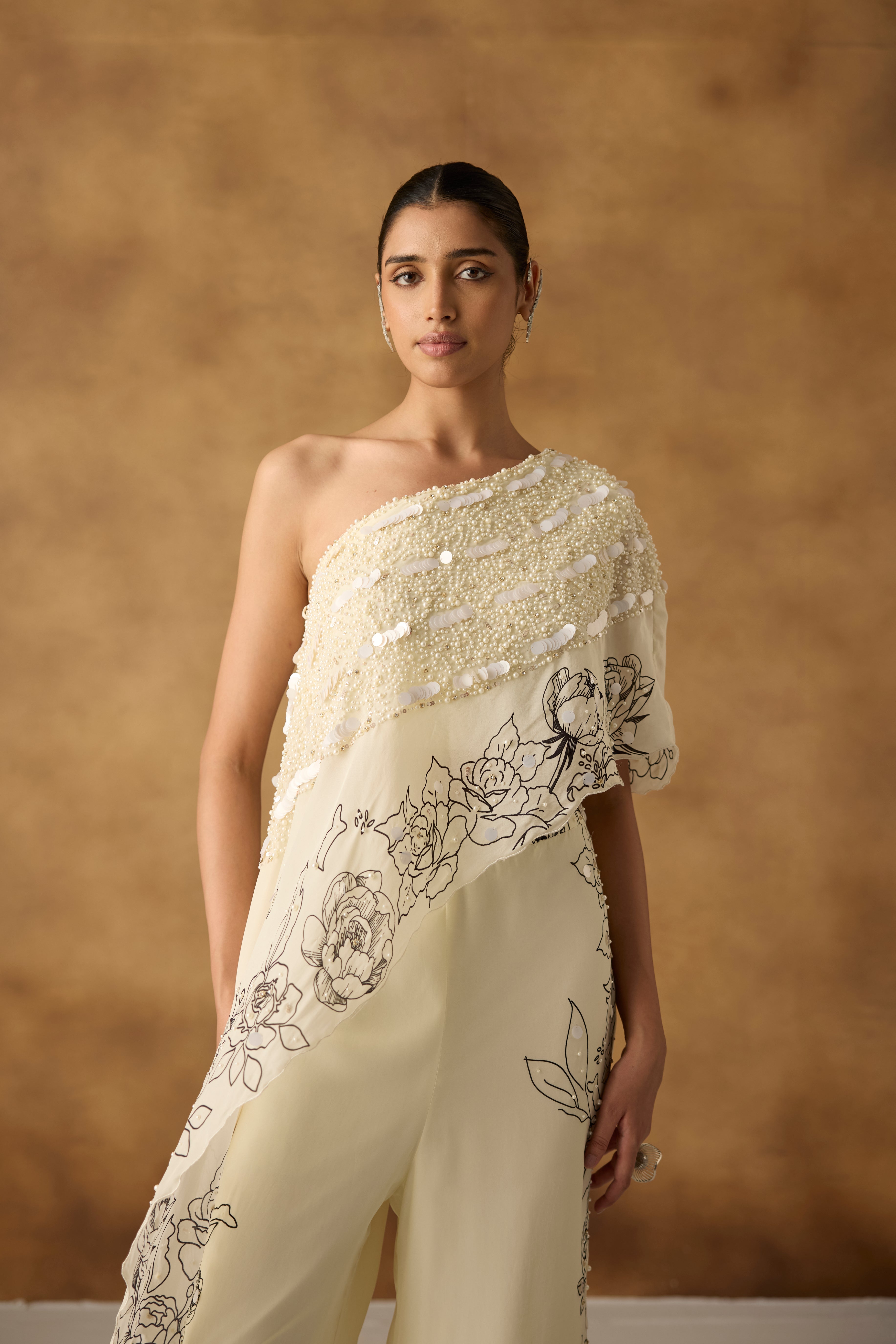Chic White Embellished One-Shoulder Palazzo Set