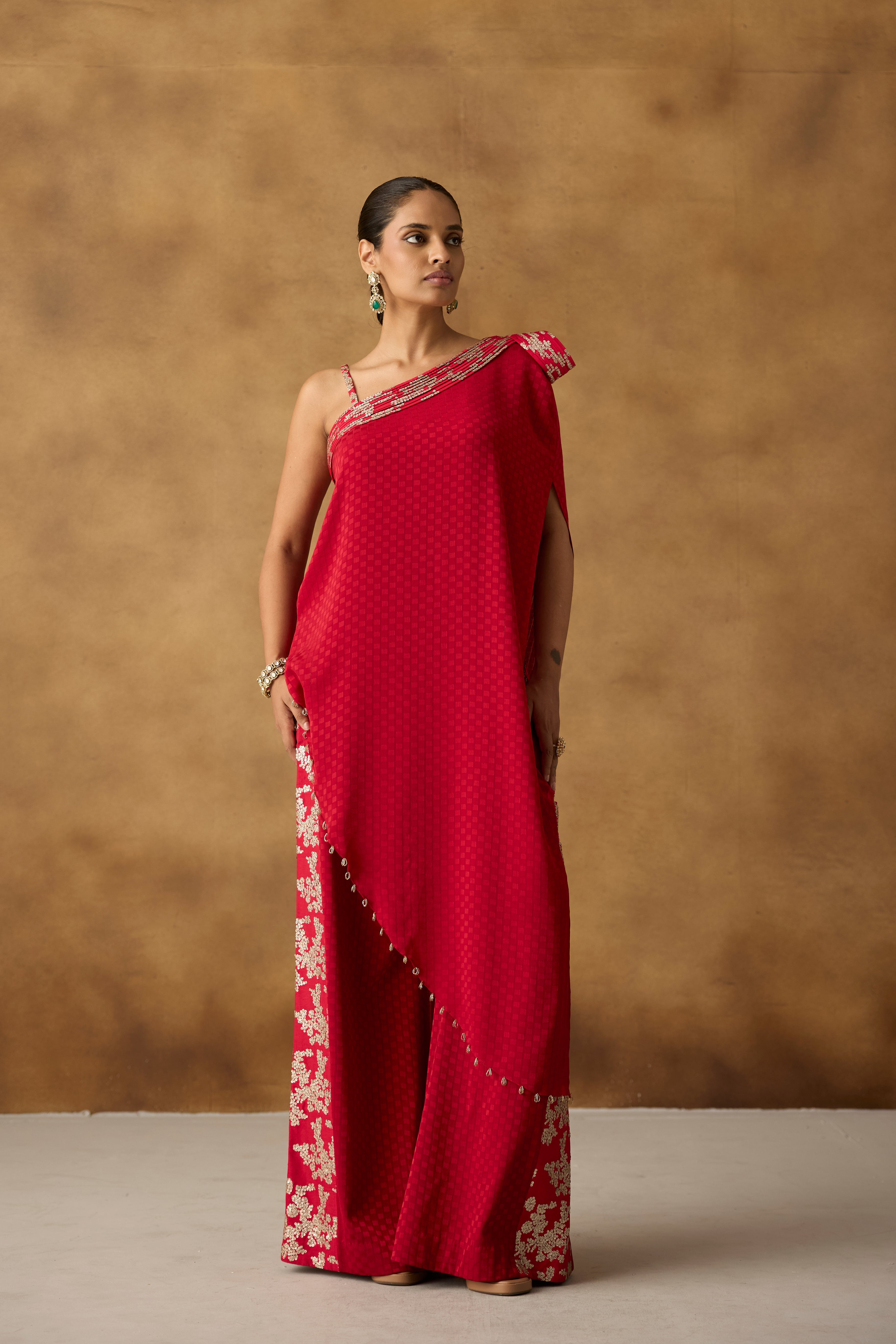 Crimson Red Embellished Georgette Silk Palazzo Set
