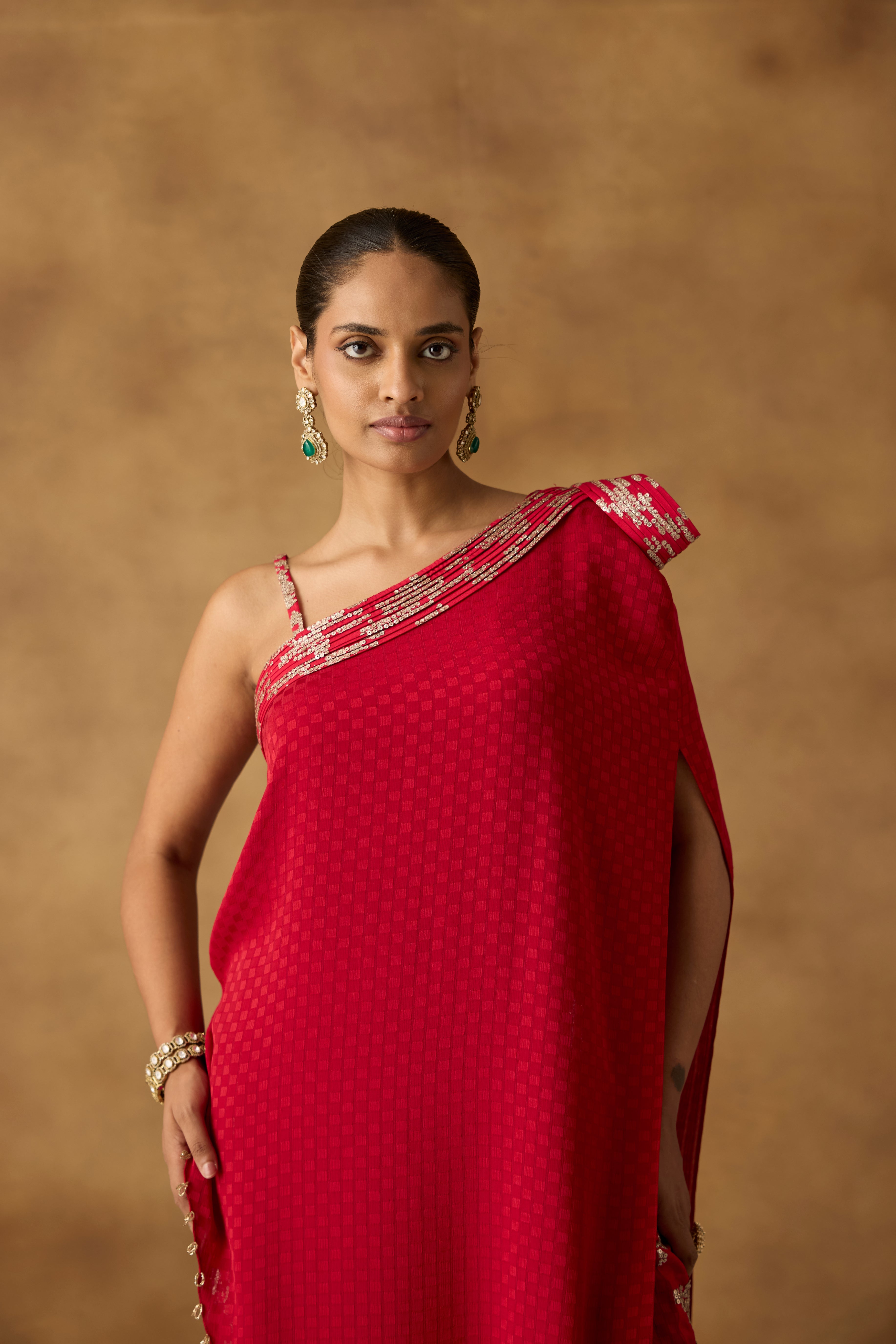 Crimson Red Embellished Georgette Silk Palazzo Set