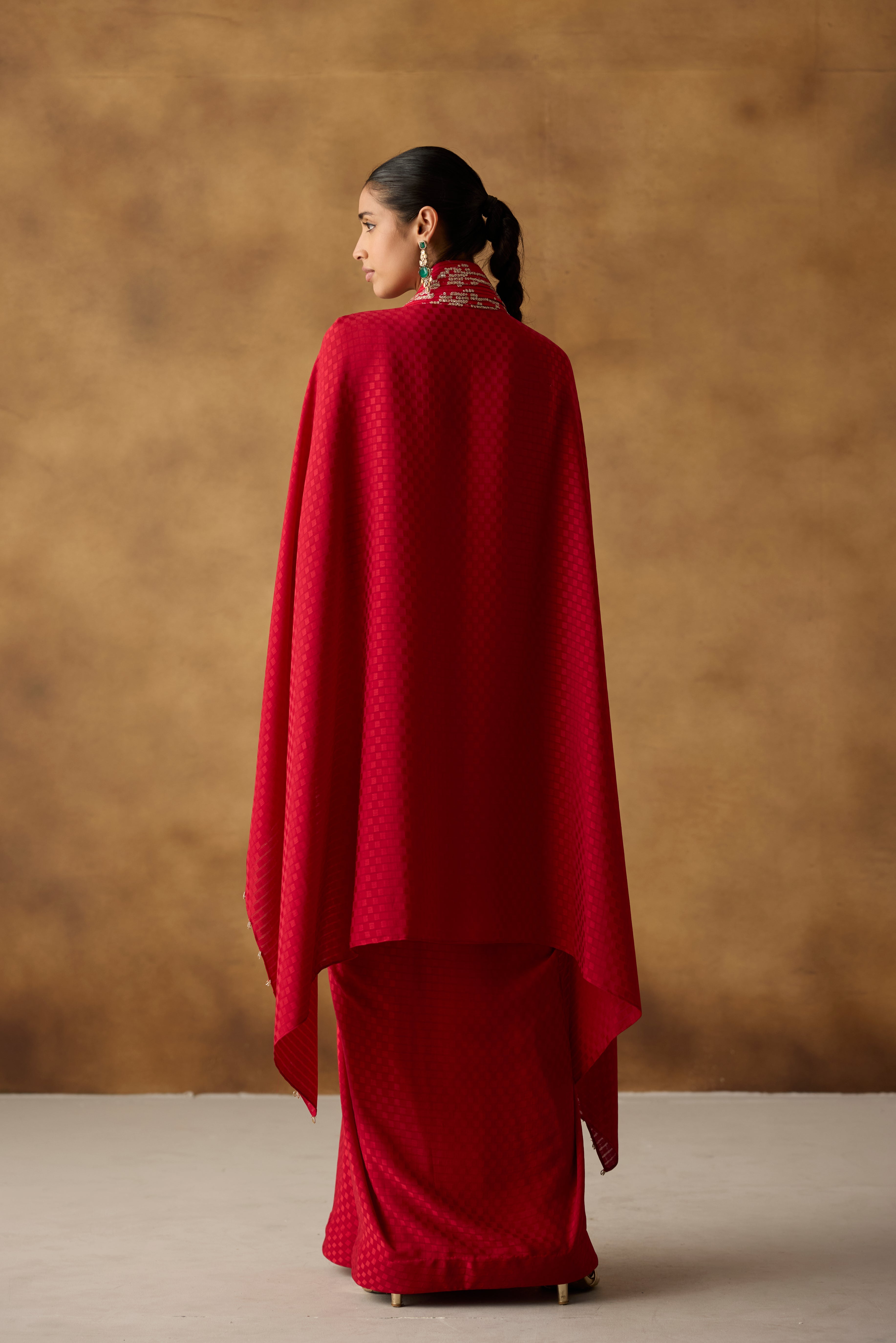 Deep Red Embellished Georgette Silk Kaftan Dress