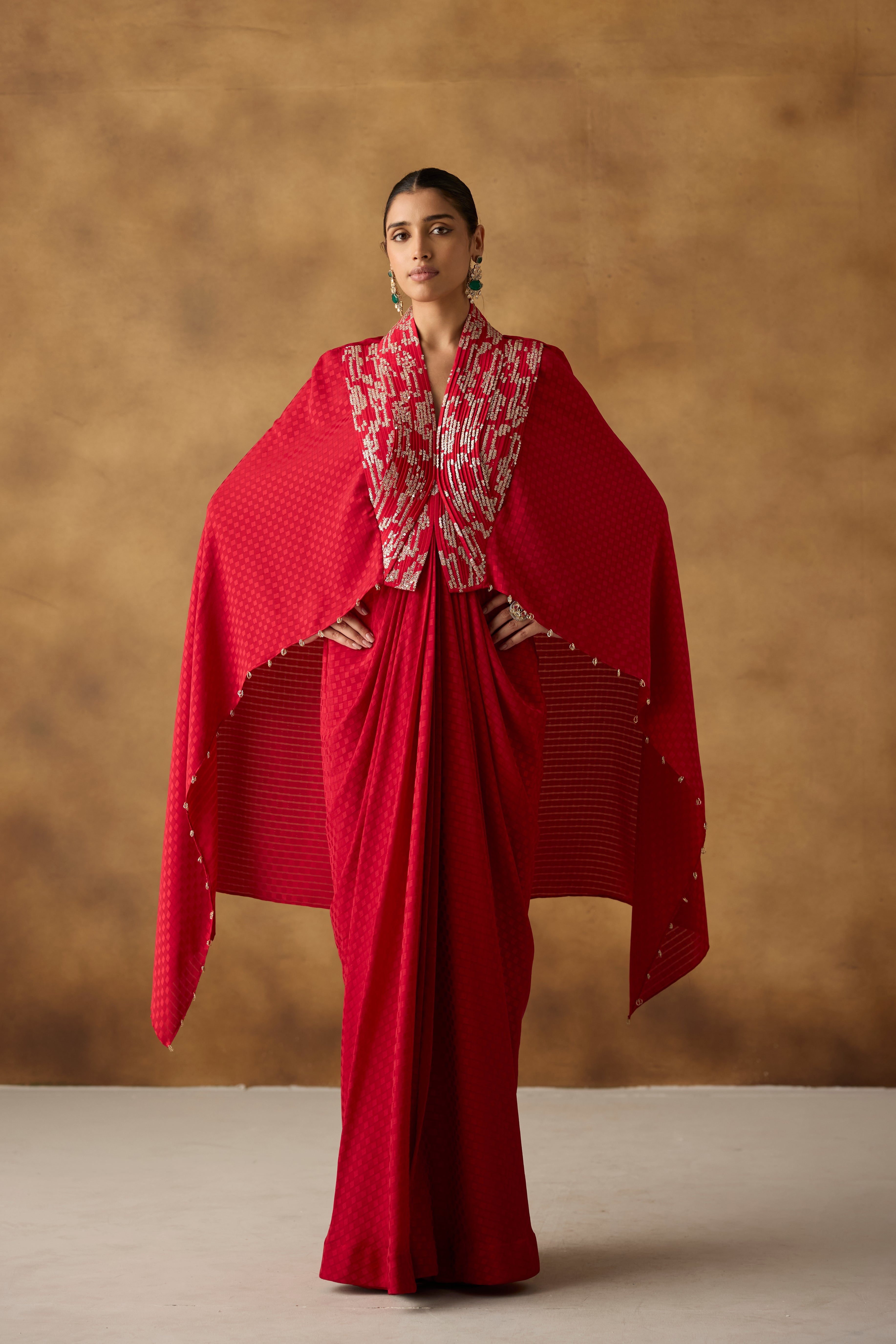 Deep Red Embellished Georgette Silk Kaftan Dress