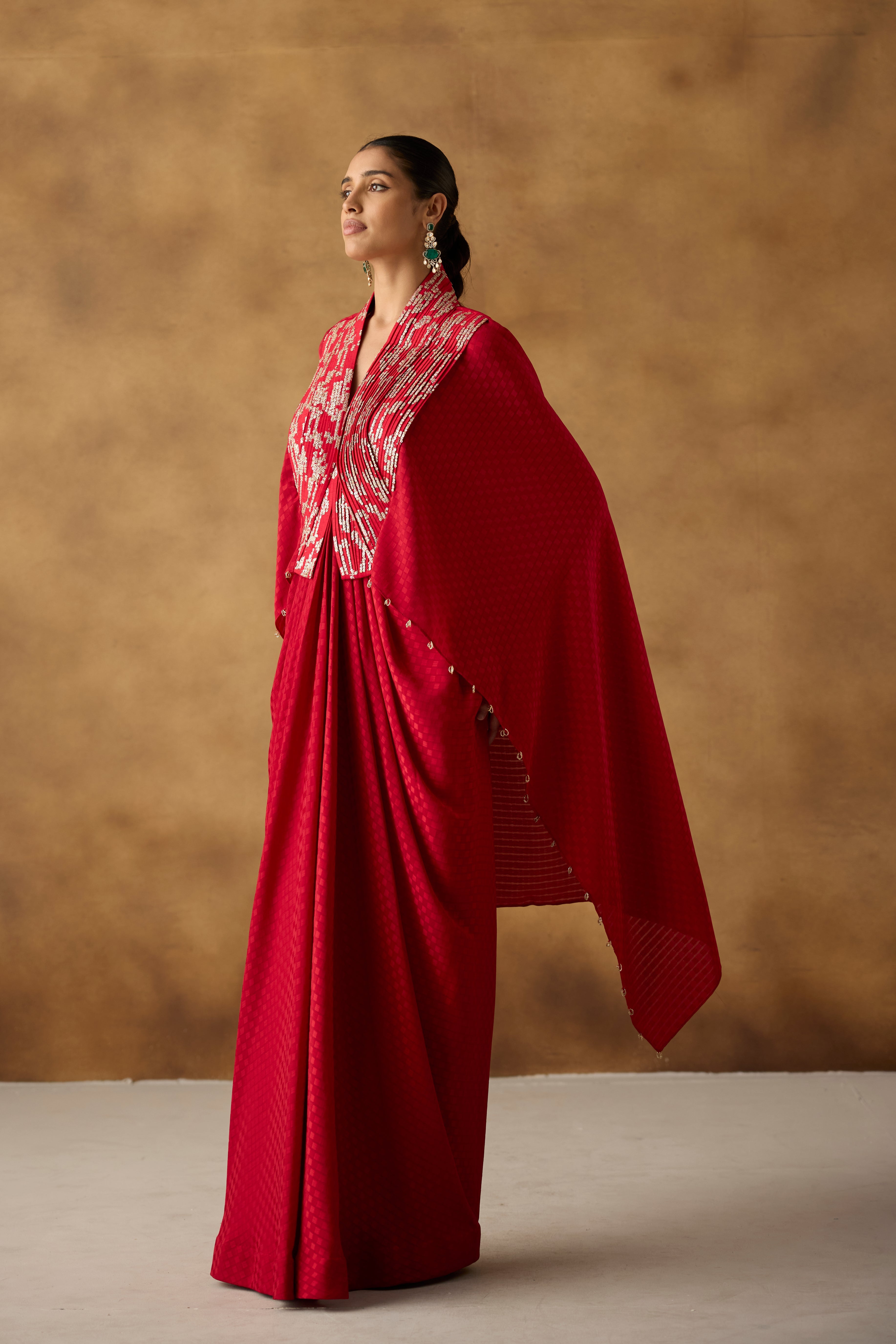 Deep Red Embellished Georgette Silk Kaftan Dress
