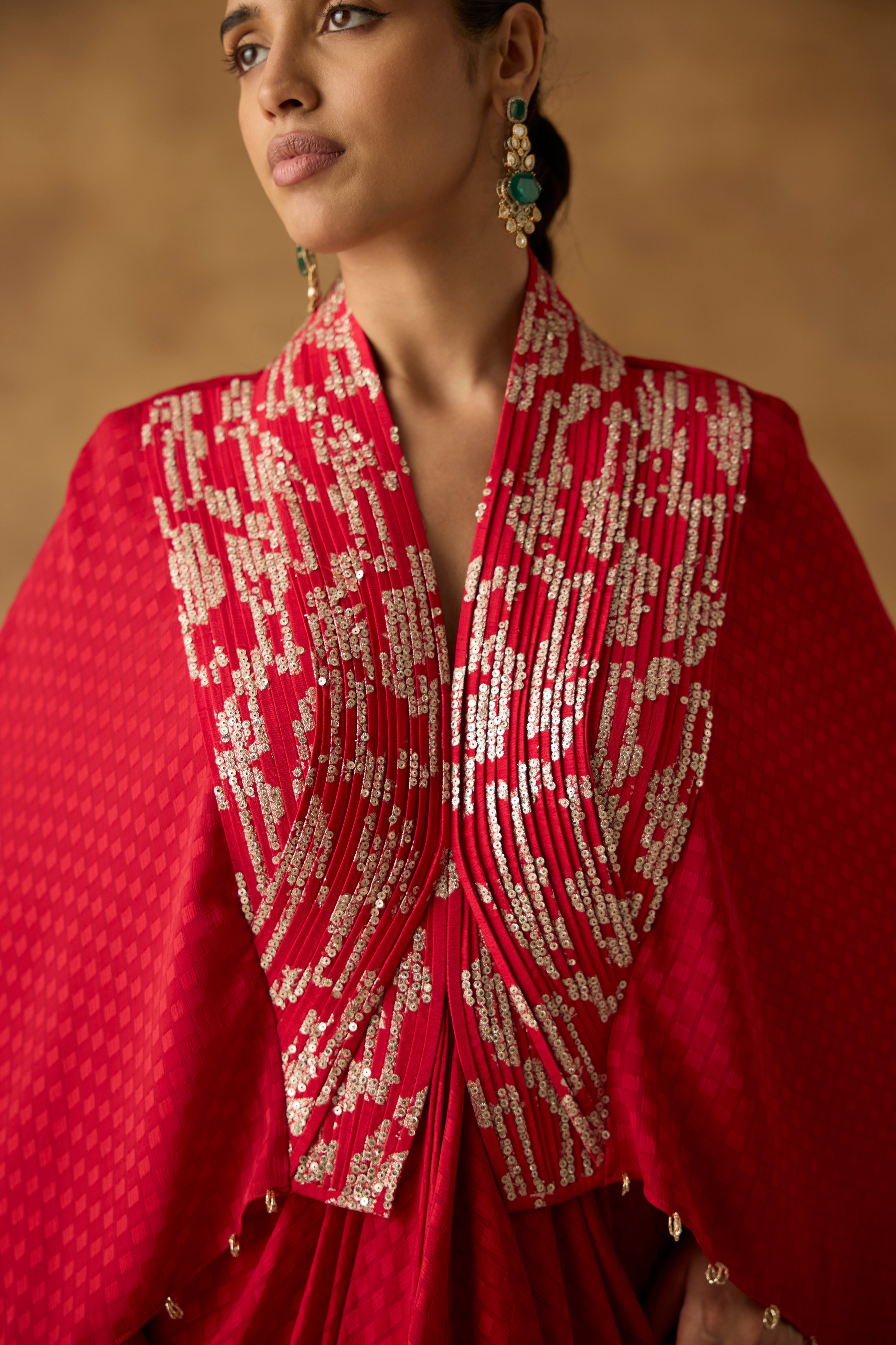 Deep Red Embellished Georgette Silk Kaftan Dress
