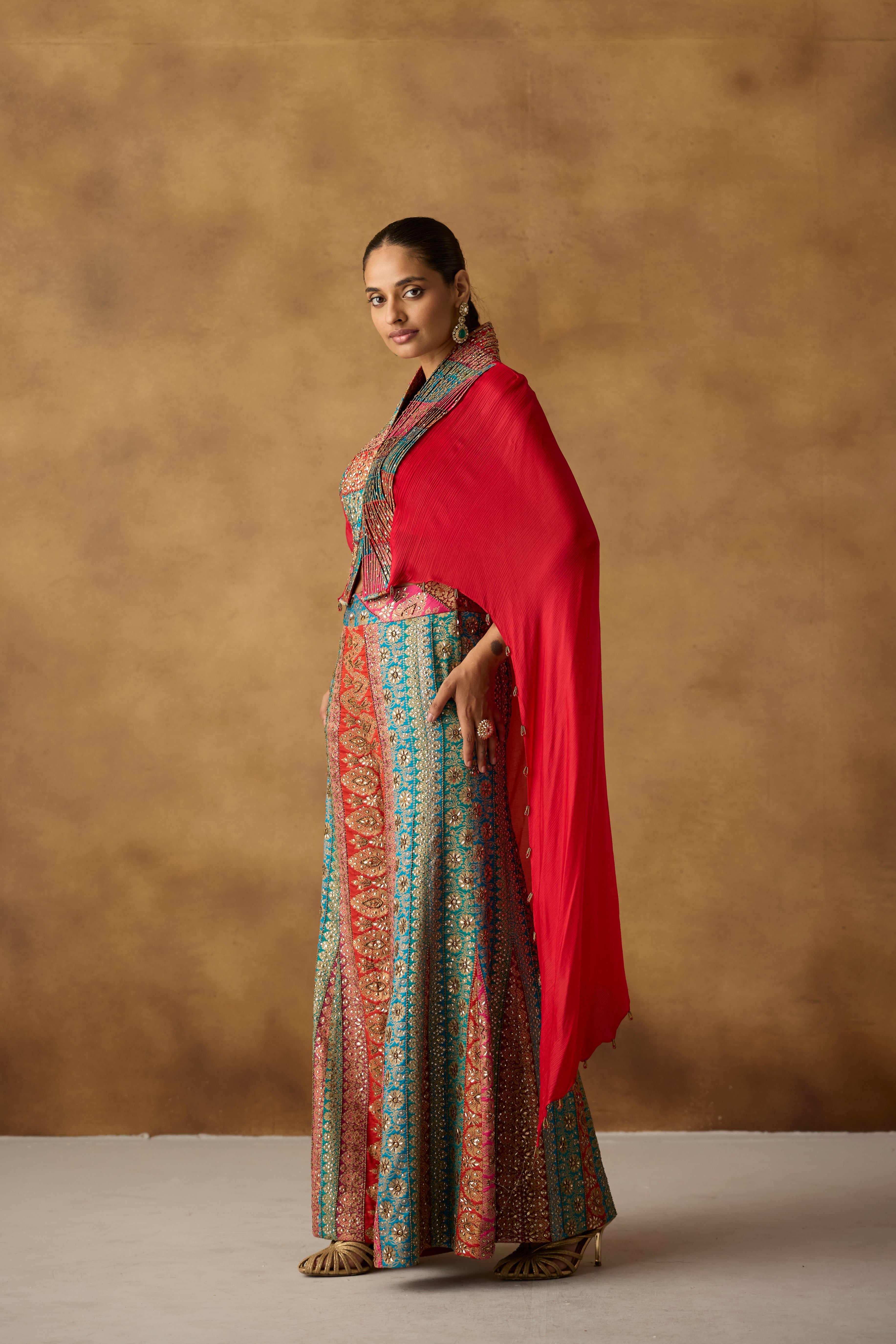 Vibrant Red Embellished Chinon Silk Co-Ord Set