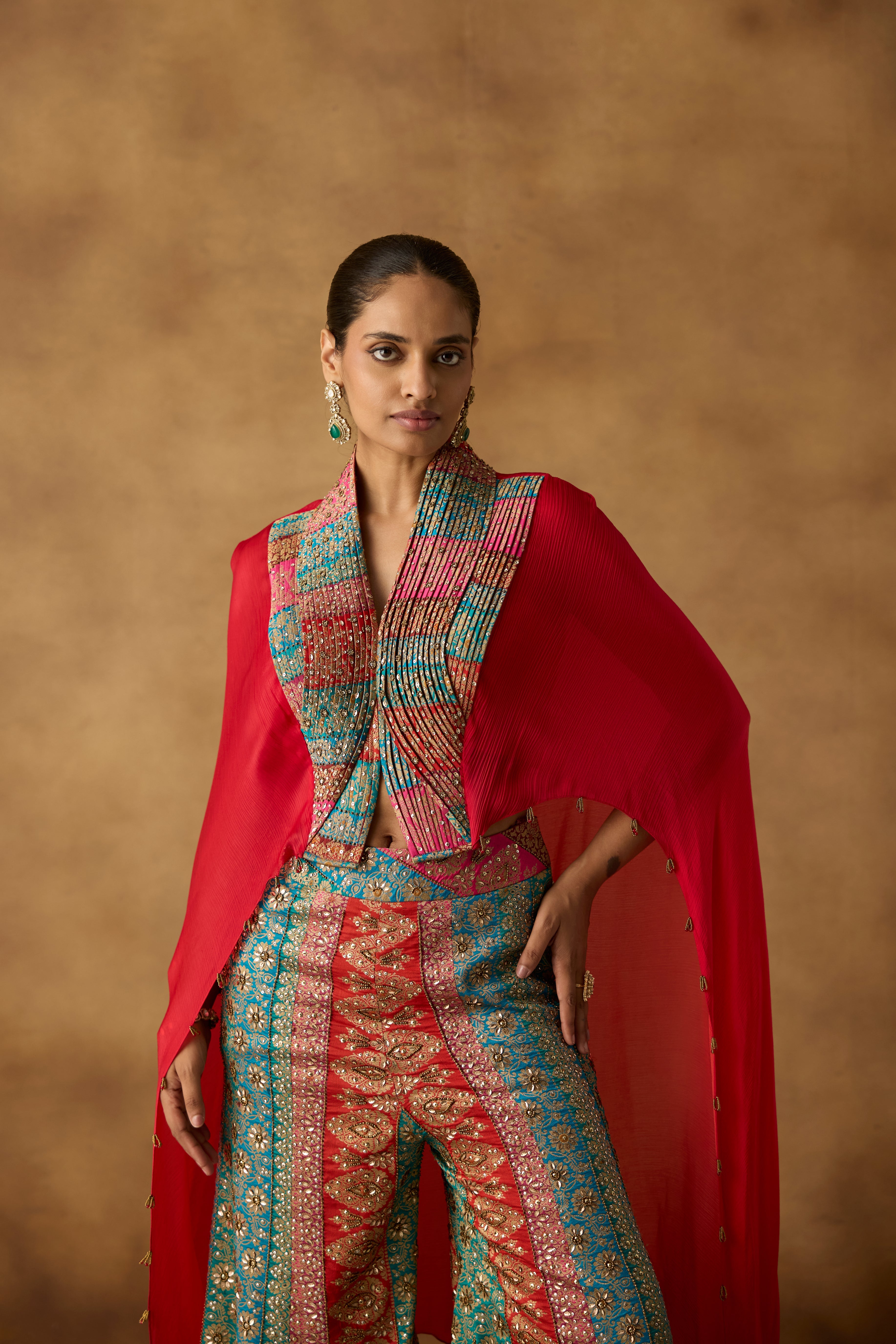 Vibrant Red Embellished Chinon Silk Co-Ord Set