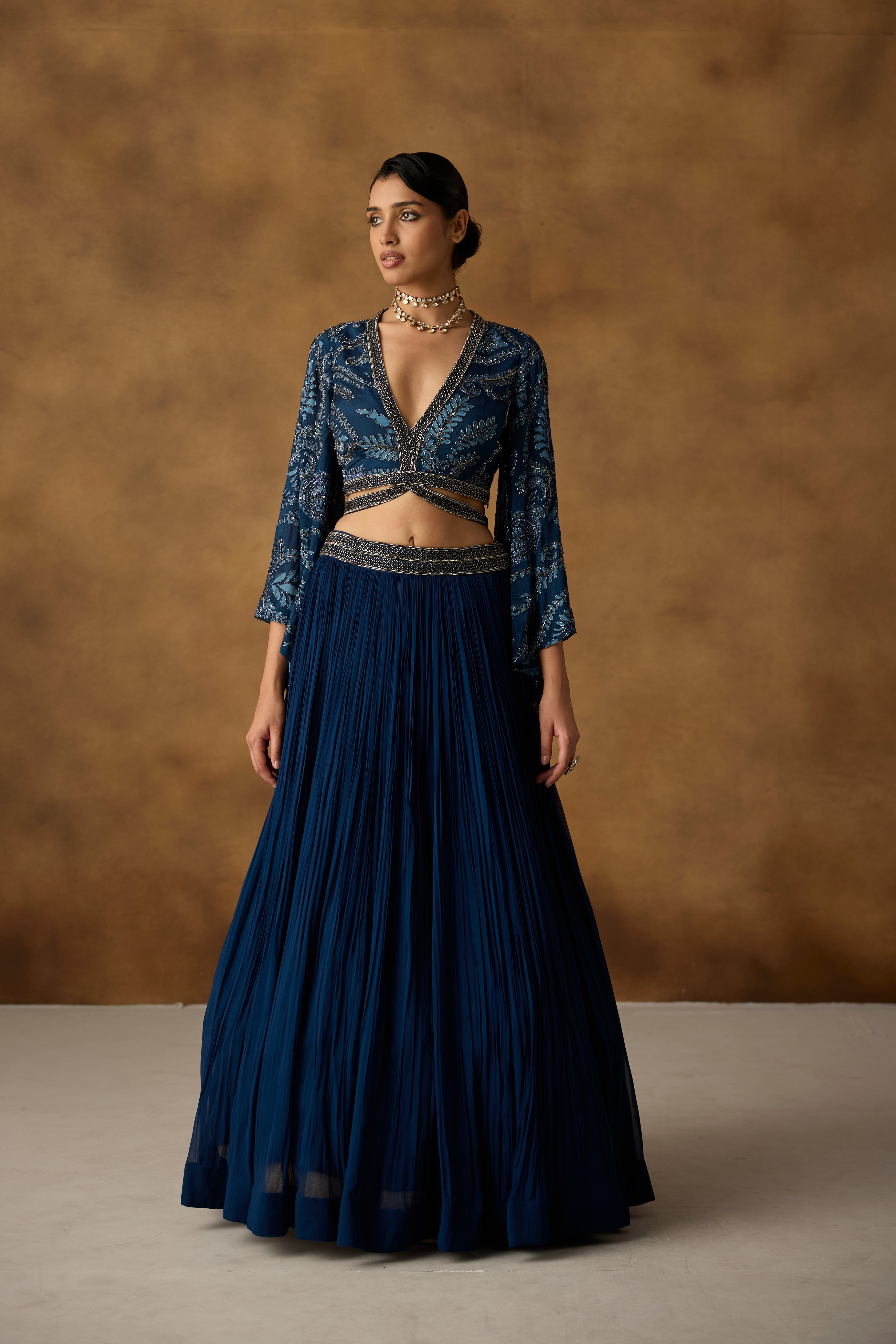 Sapphire Blue Embellished Georgette Silk Skirt Set