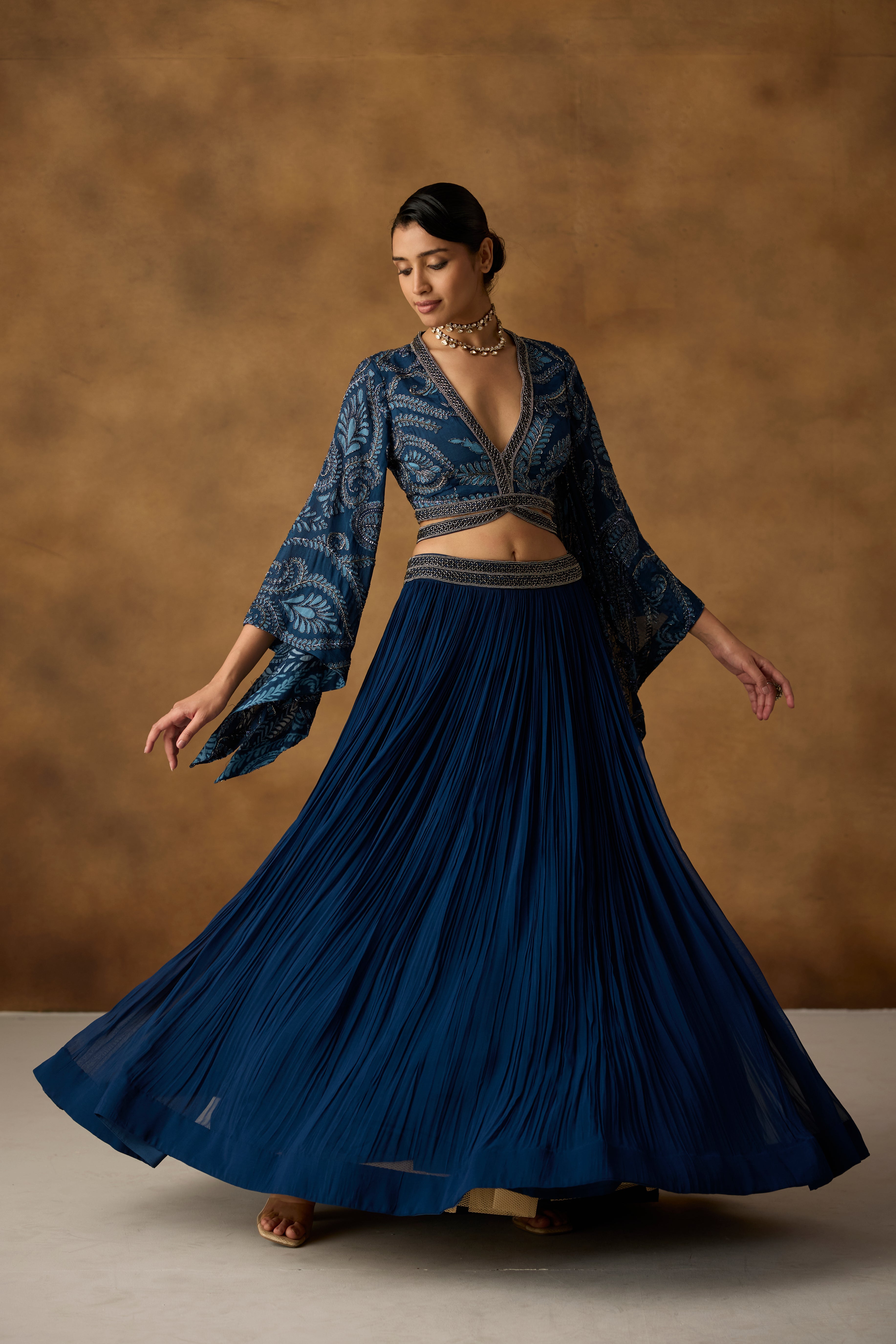 Sapphire Blue Embellished Georgette Silk Skirt Set