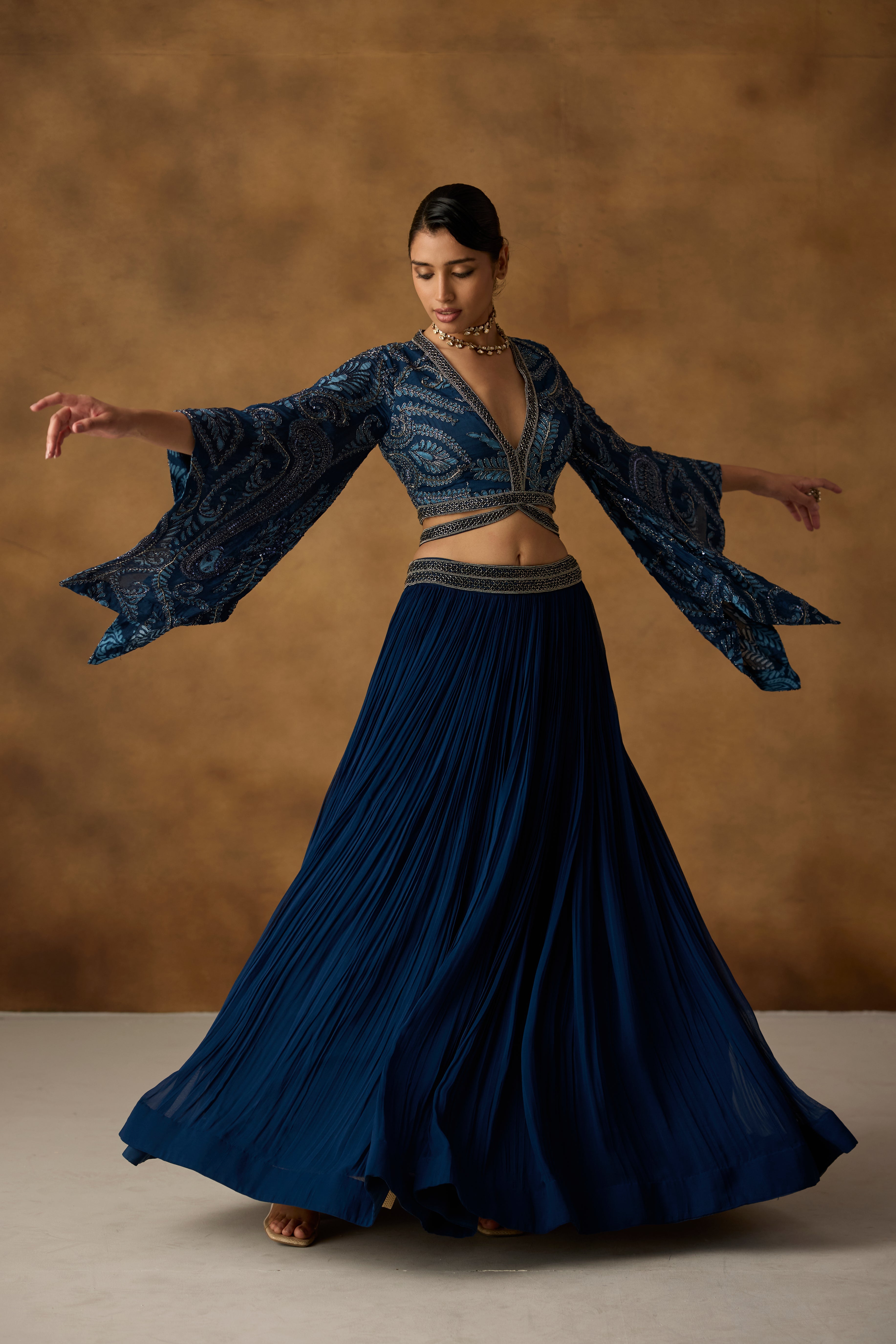 Sapphire Blue Embellished Georgette Silk Skirt Set