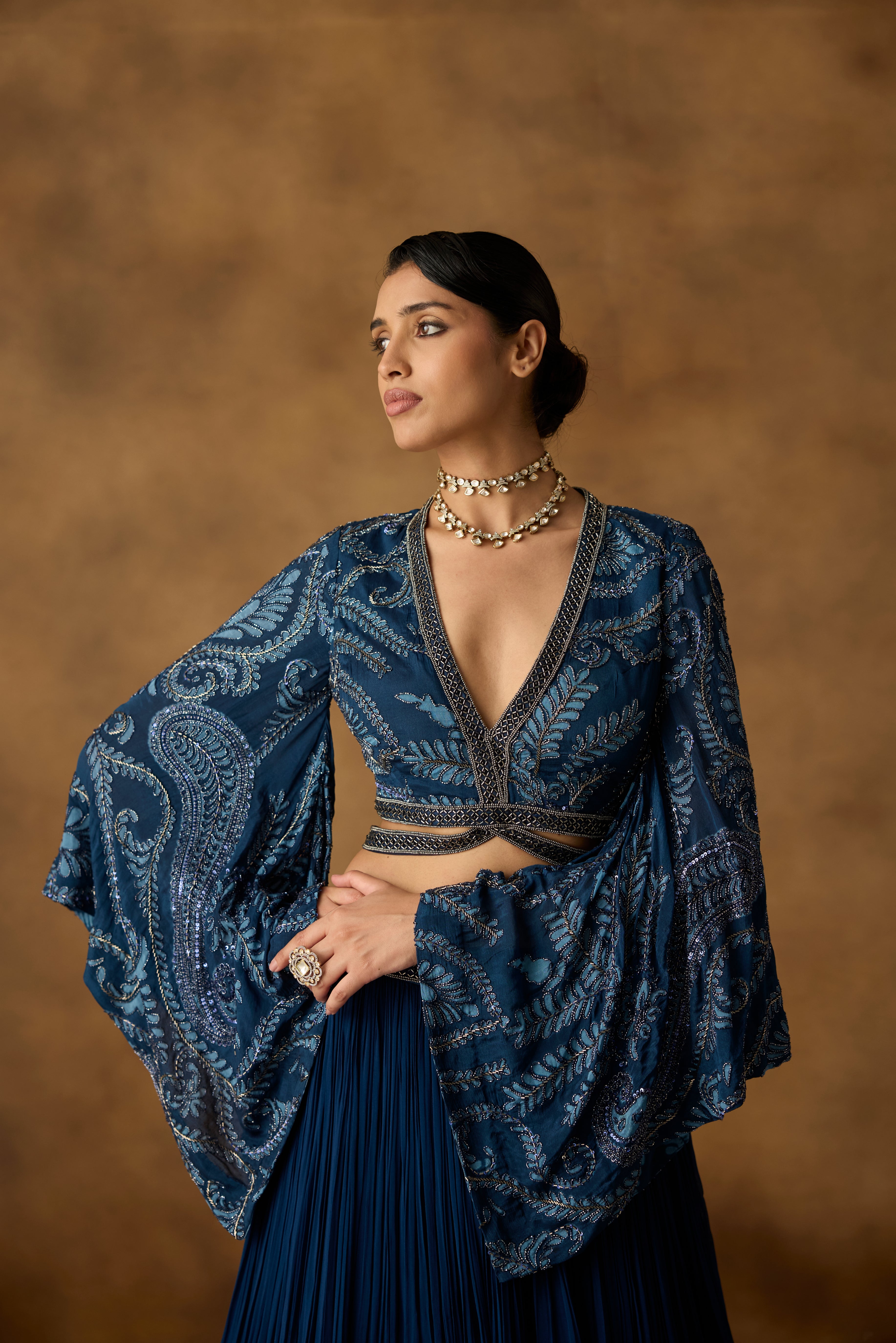 Sapphire Blue Embellished Georgette Silk Skirt Set