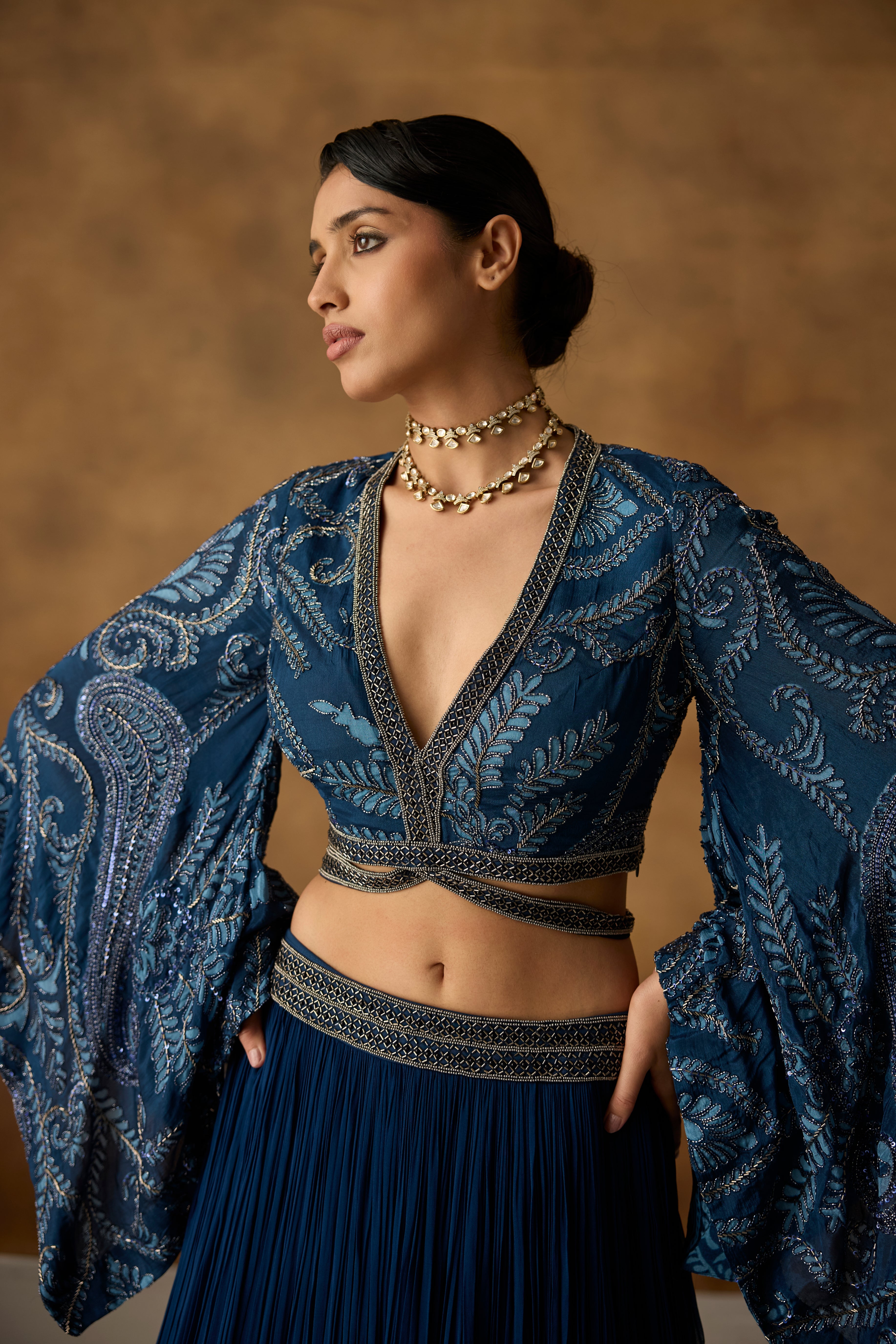 Sapphire Blue Embellished Georgette Silk Skirt Set