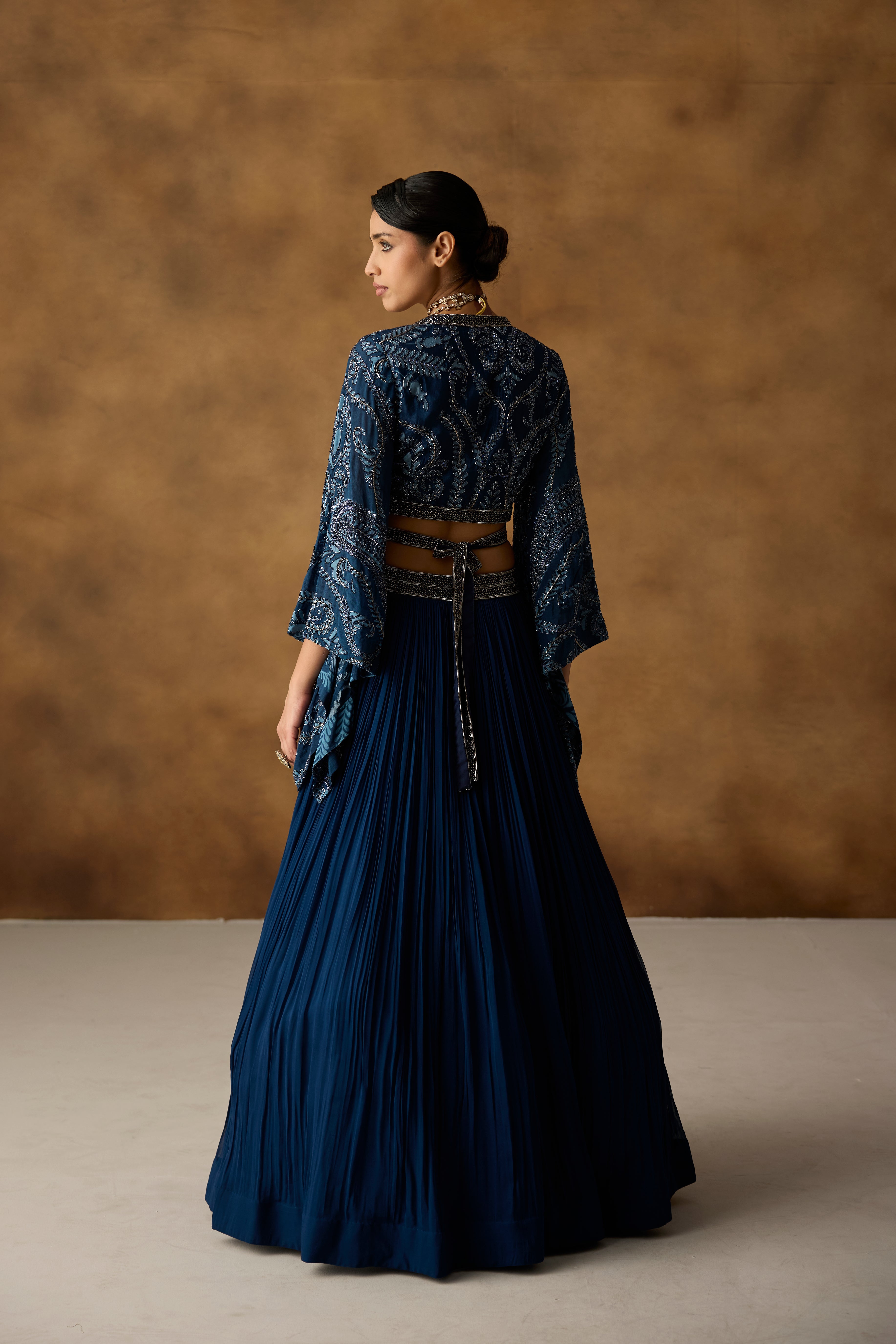 Sapphire Blue Embellished Georgette Silk Skirt Set