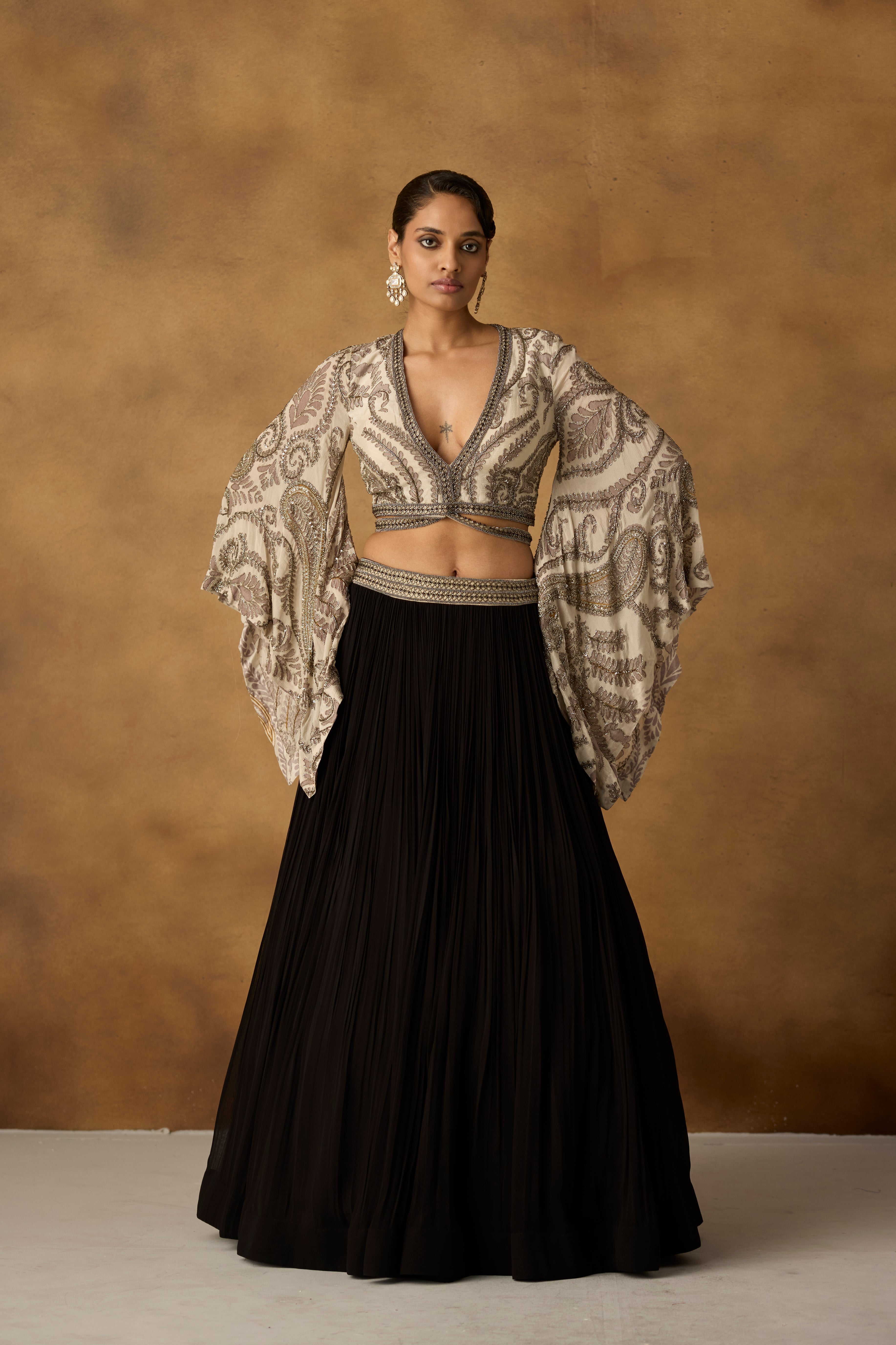 Ivory Onyx Embellished Georgette Silk Skirt Set