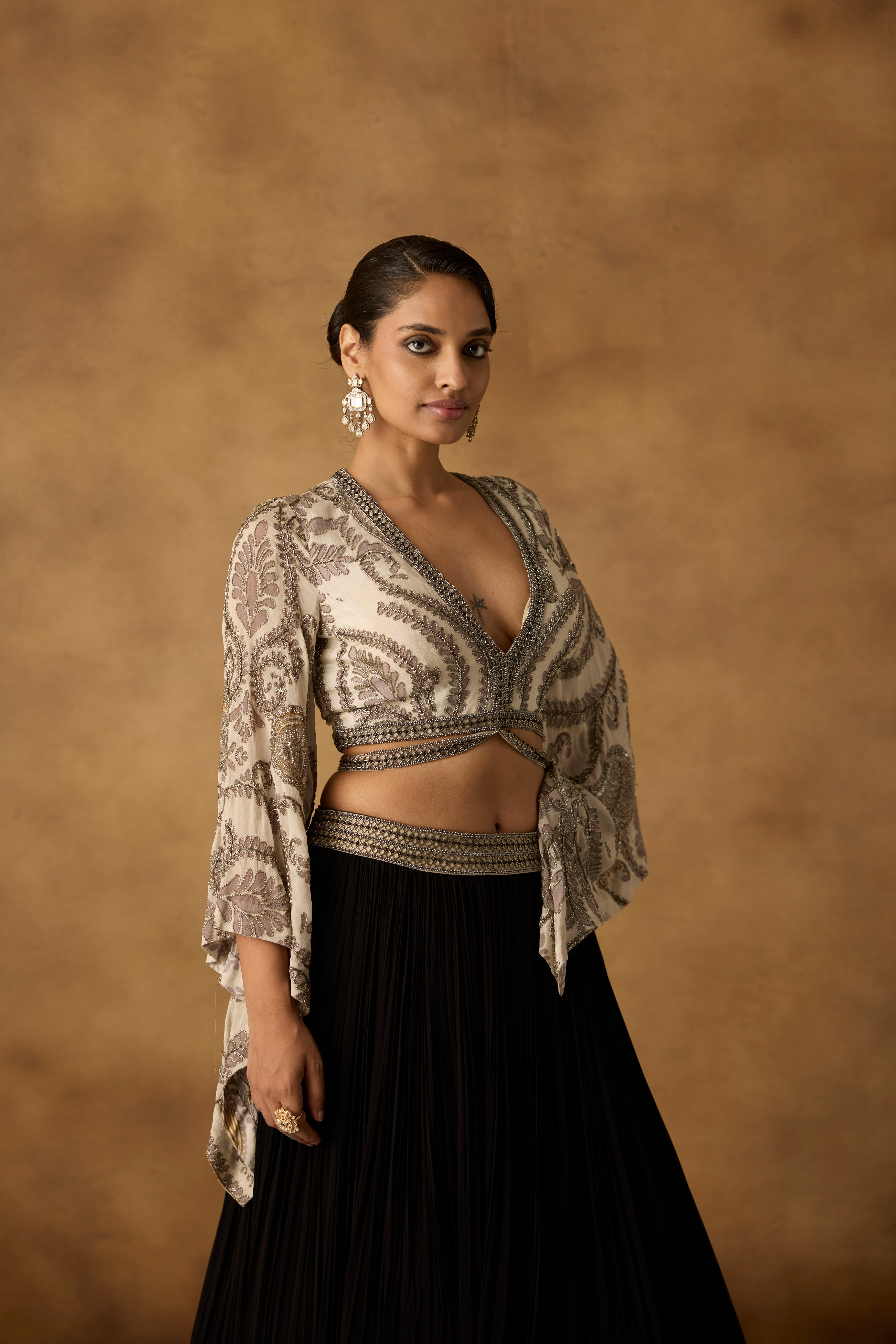 Ivory Onyx Embellished Georgette Silk Skirt Set