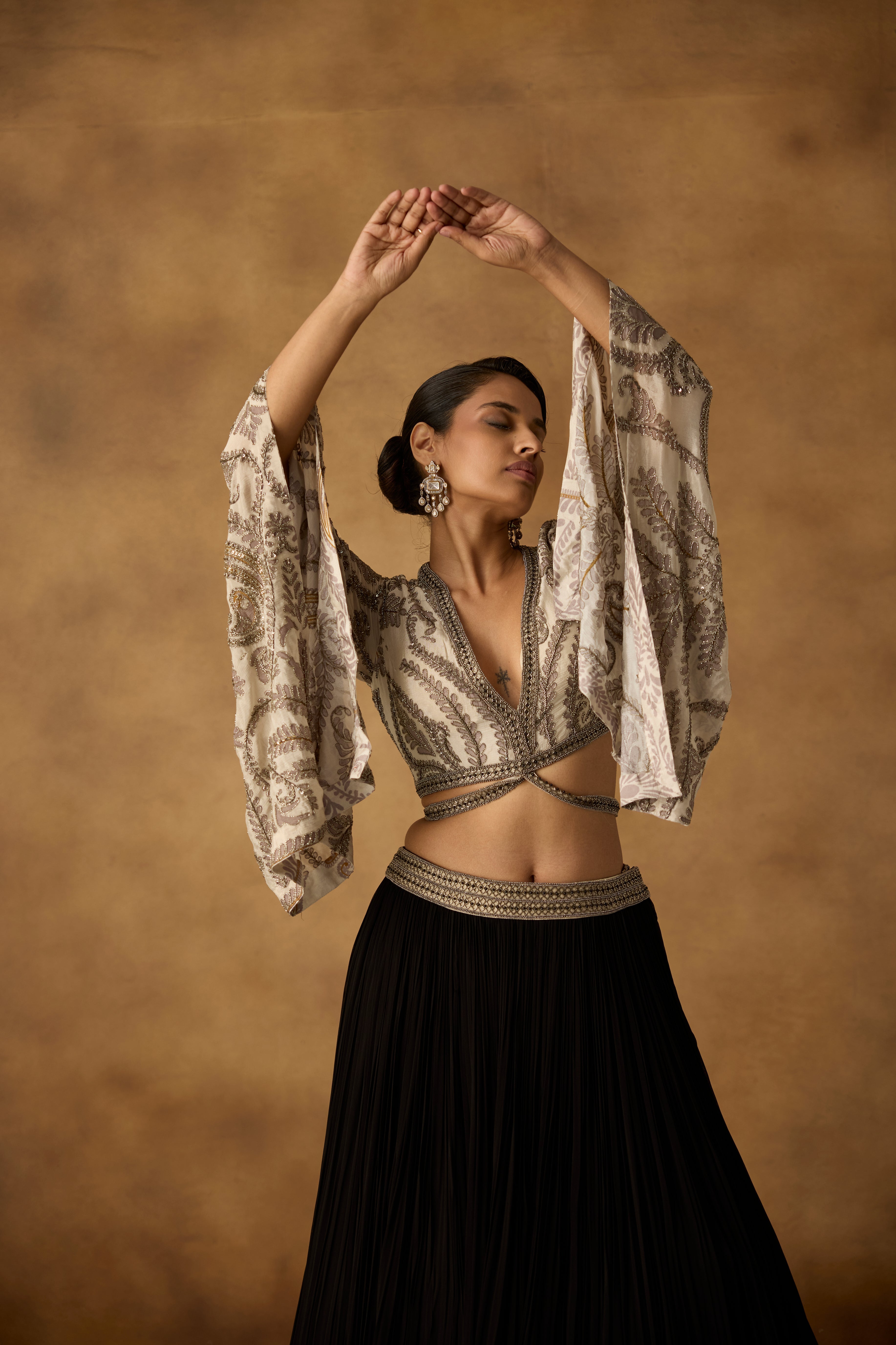 Ivory Onyx Embellished Georgette Silk Skirt Set