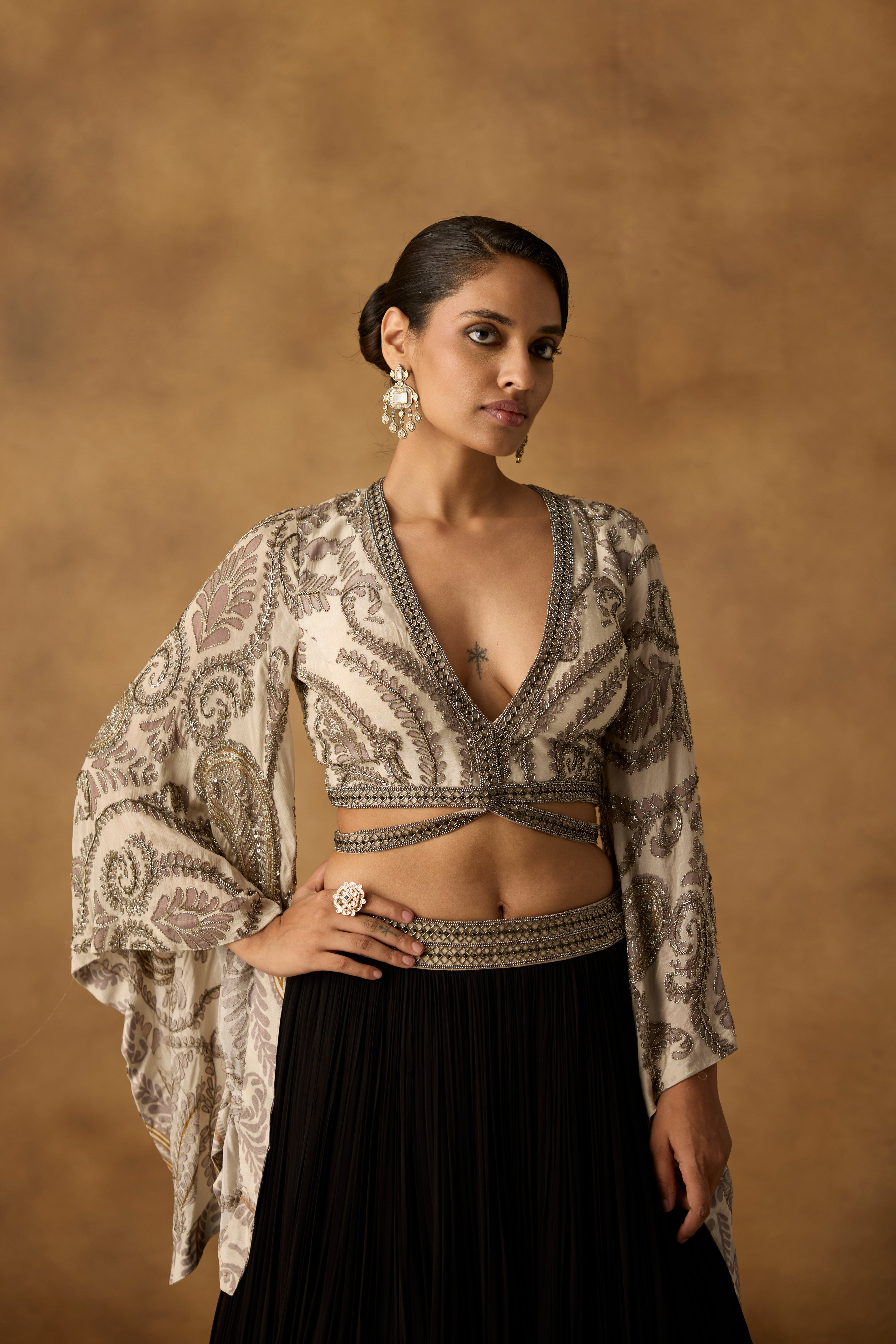 Ivory Onyx Embellished Georgette Silk Skirt Set