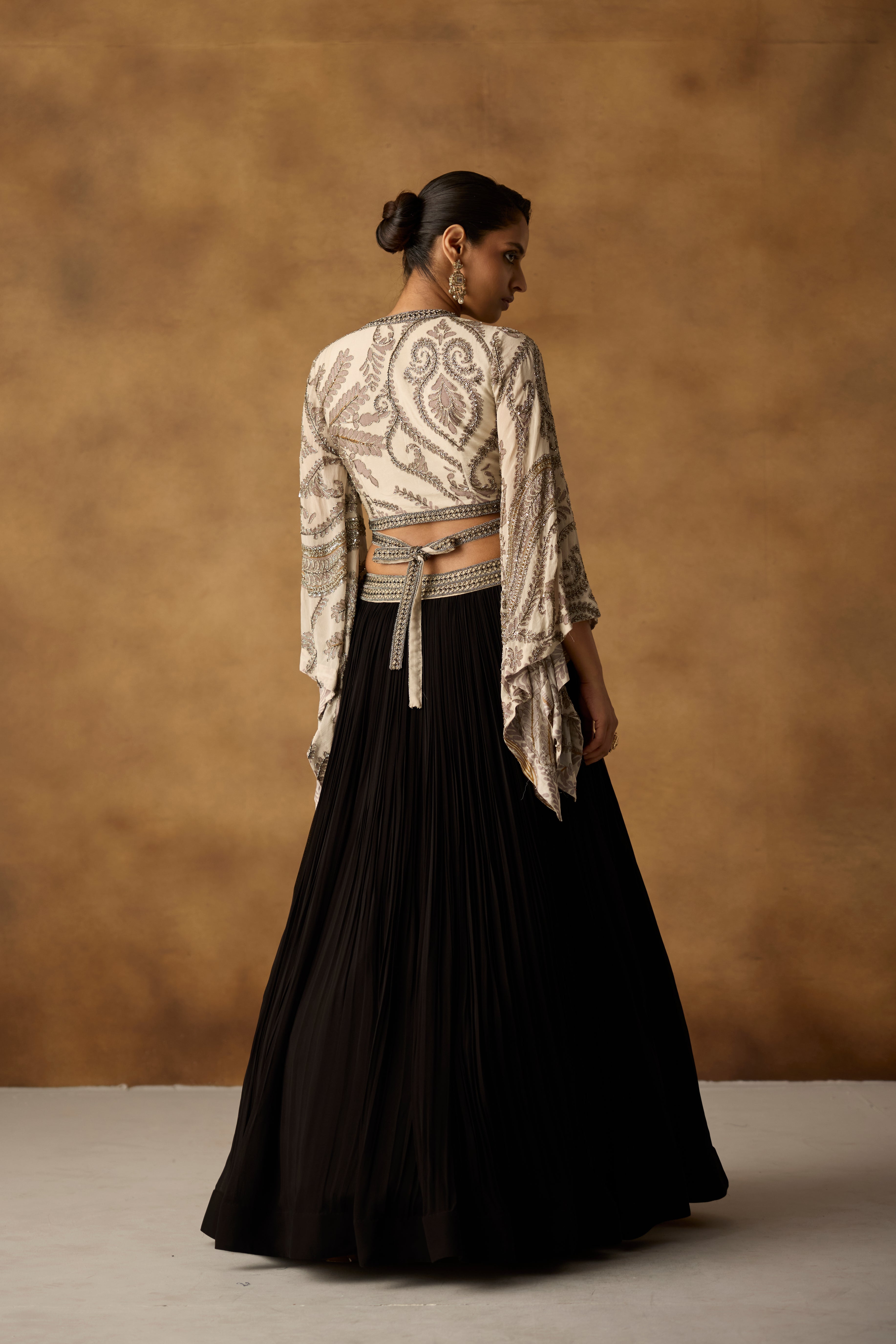 Ivory Onyx Embellished Georgette Silk Skirt Set