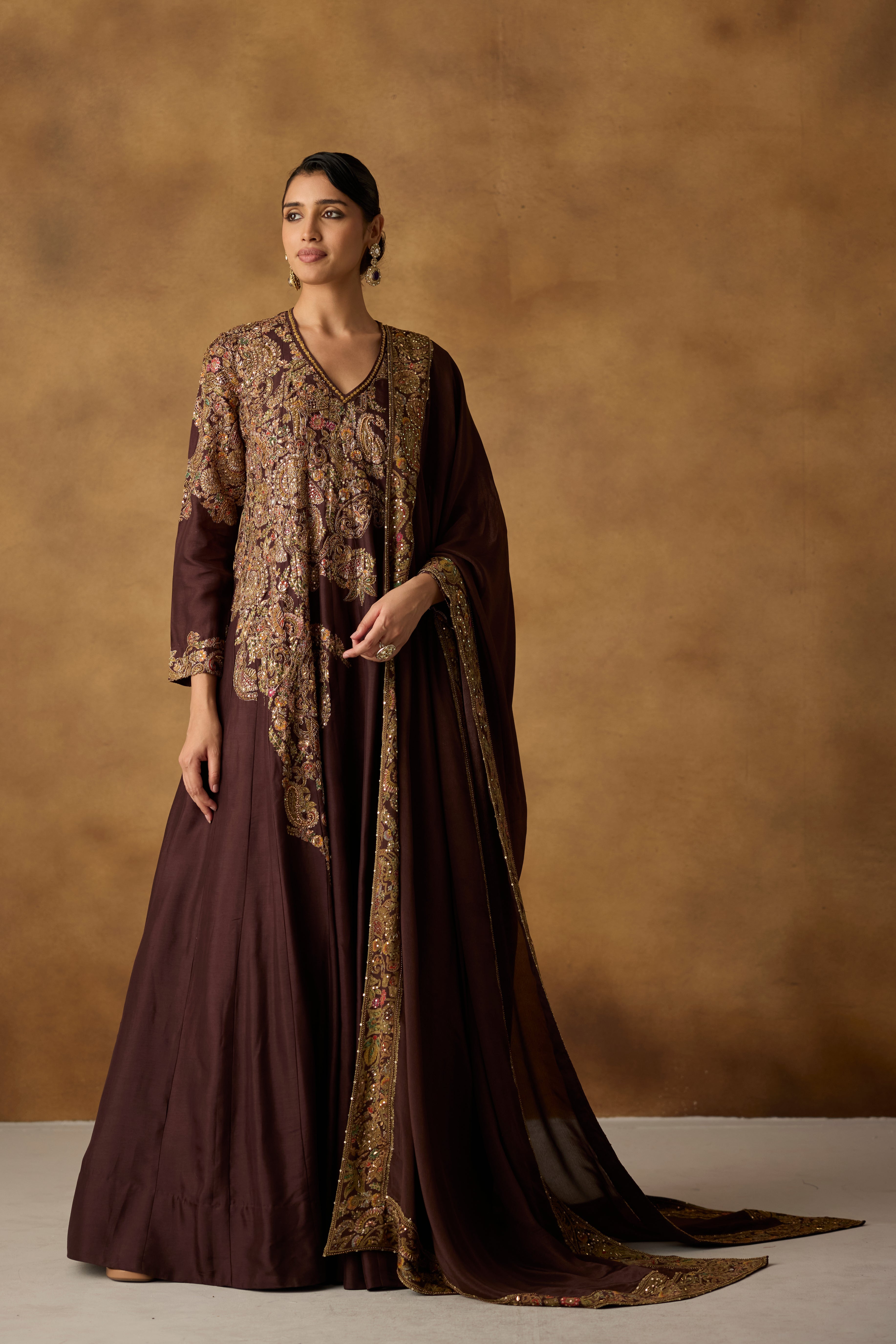 Maple Brown Embellished Chanderi Silk Anarkali Gown