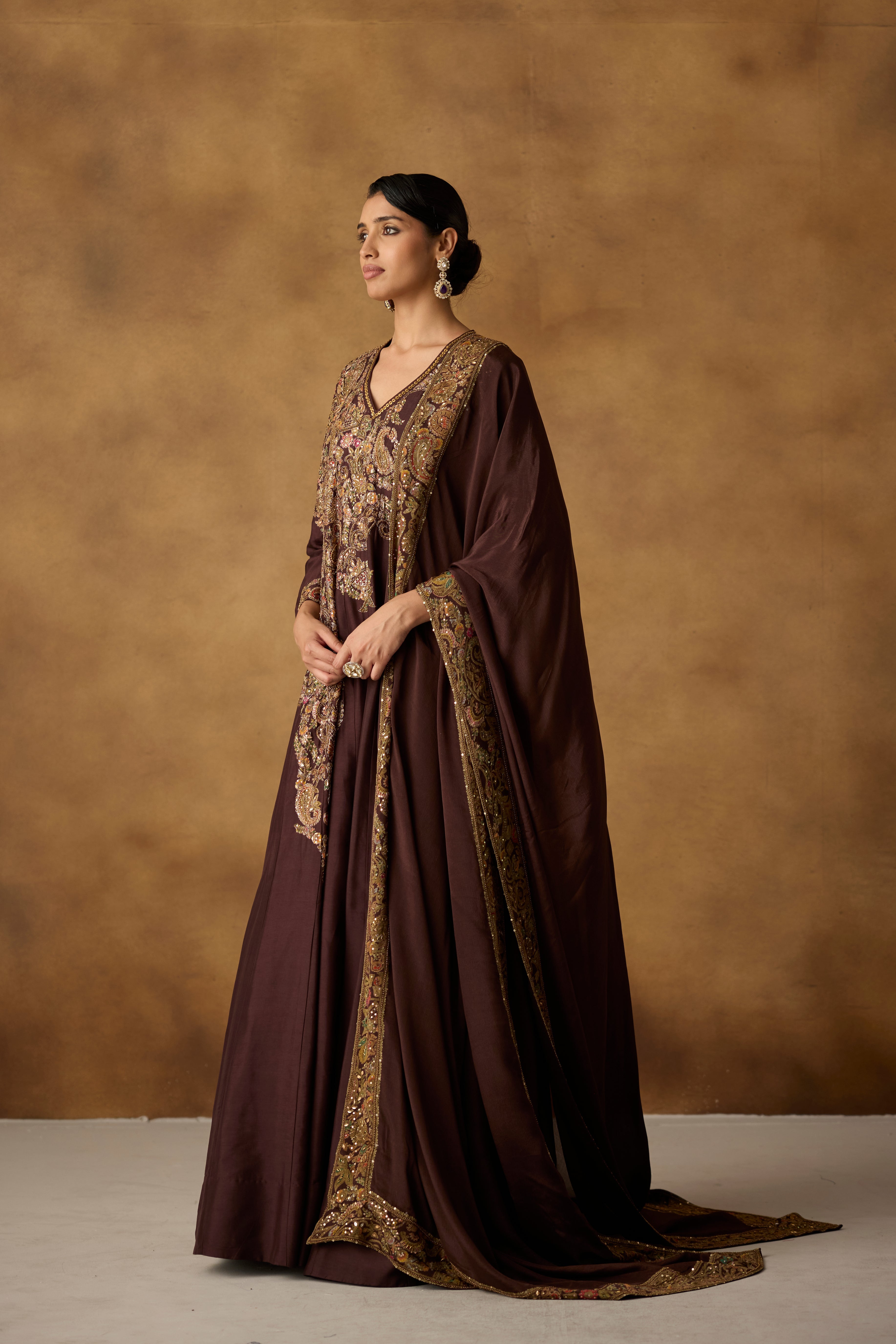 Maple Brown Embellished Chanderi Silk Anarkali Gown