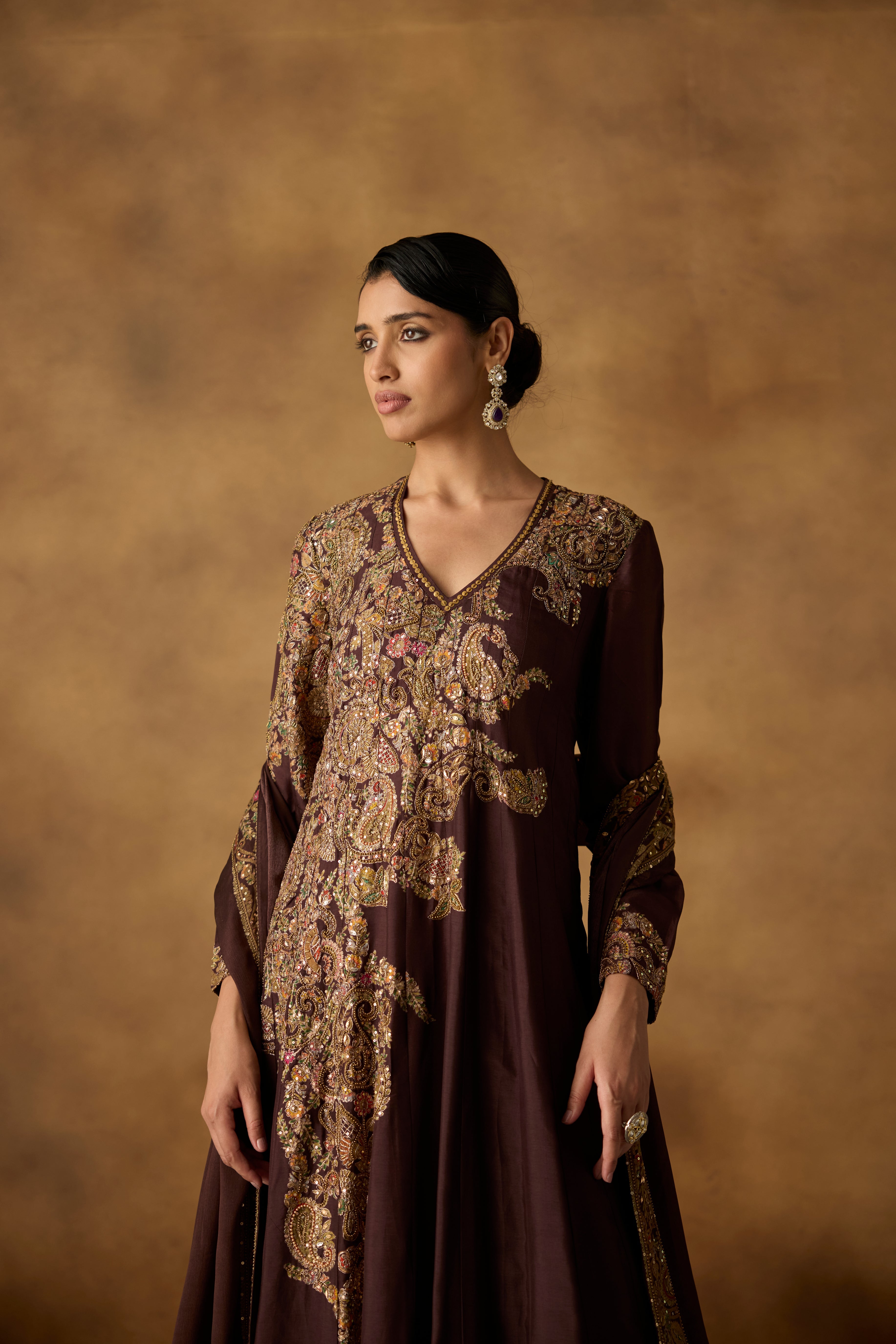 Maple Brown Embellished Chanderi Silk Anarkali Gown