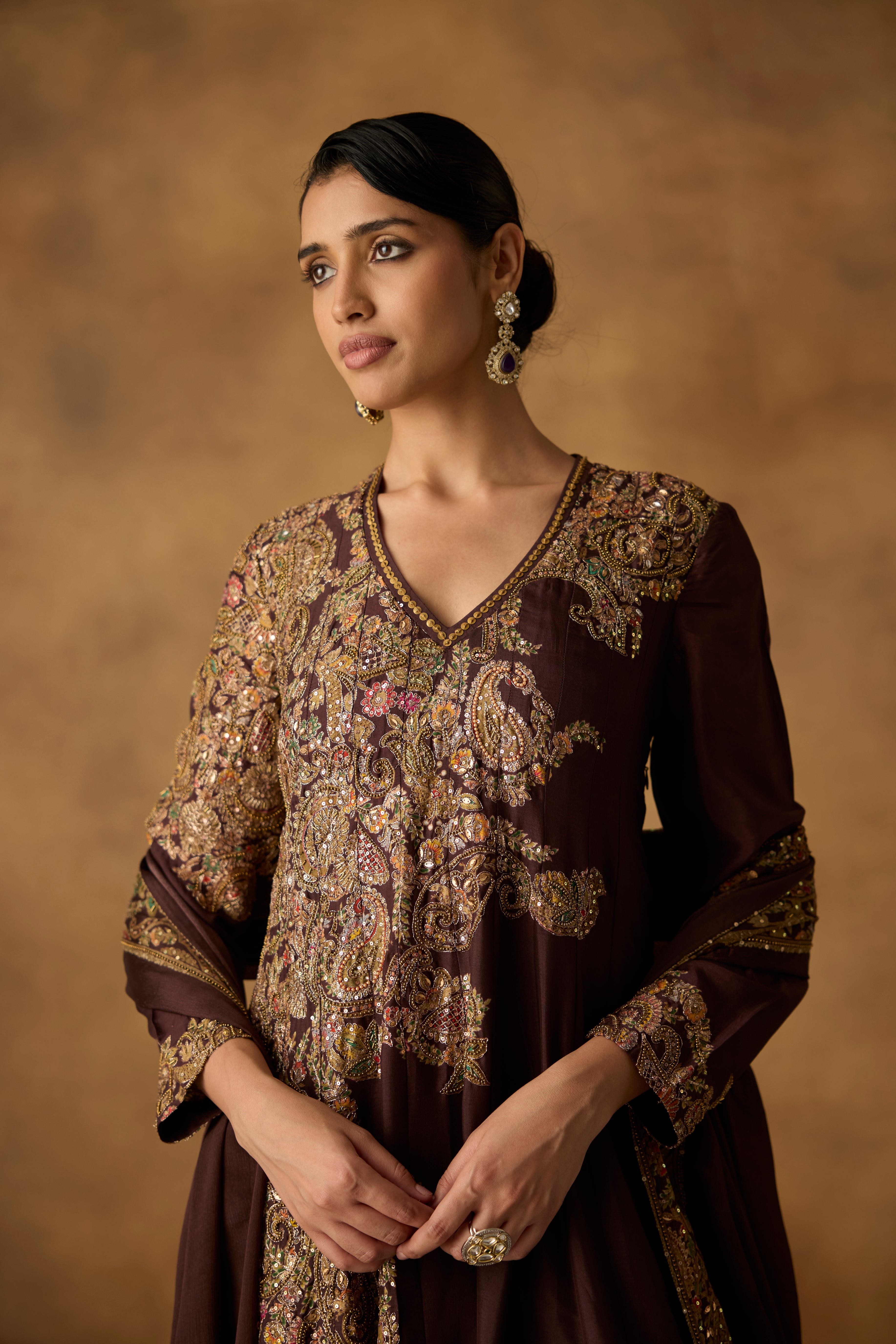 Maple Brown Embellished Chanderi Silk Anarkali Gown