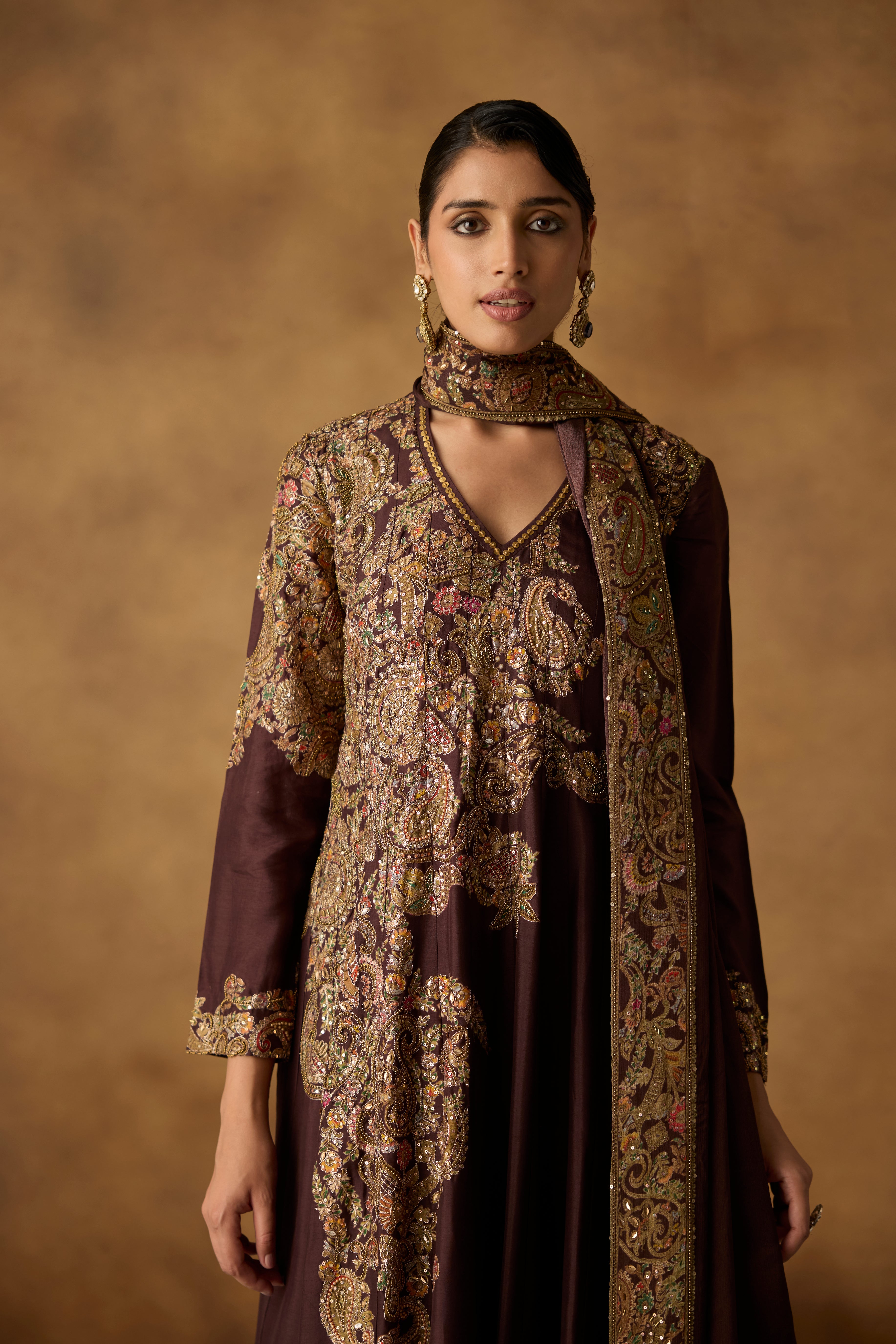 Maple Brown Embellished Chanderi Silk Anarkali Gown