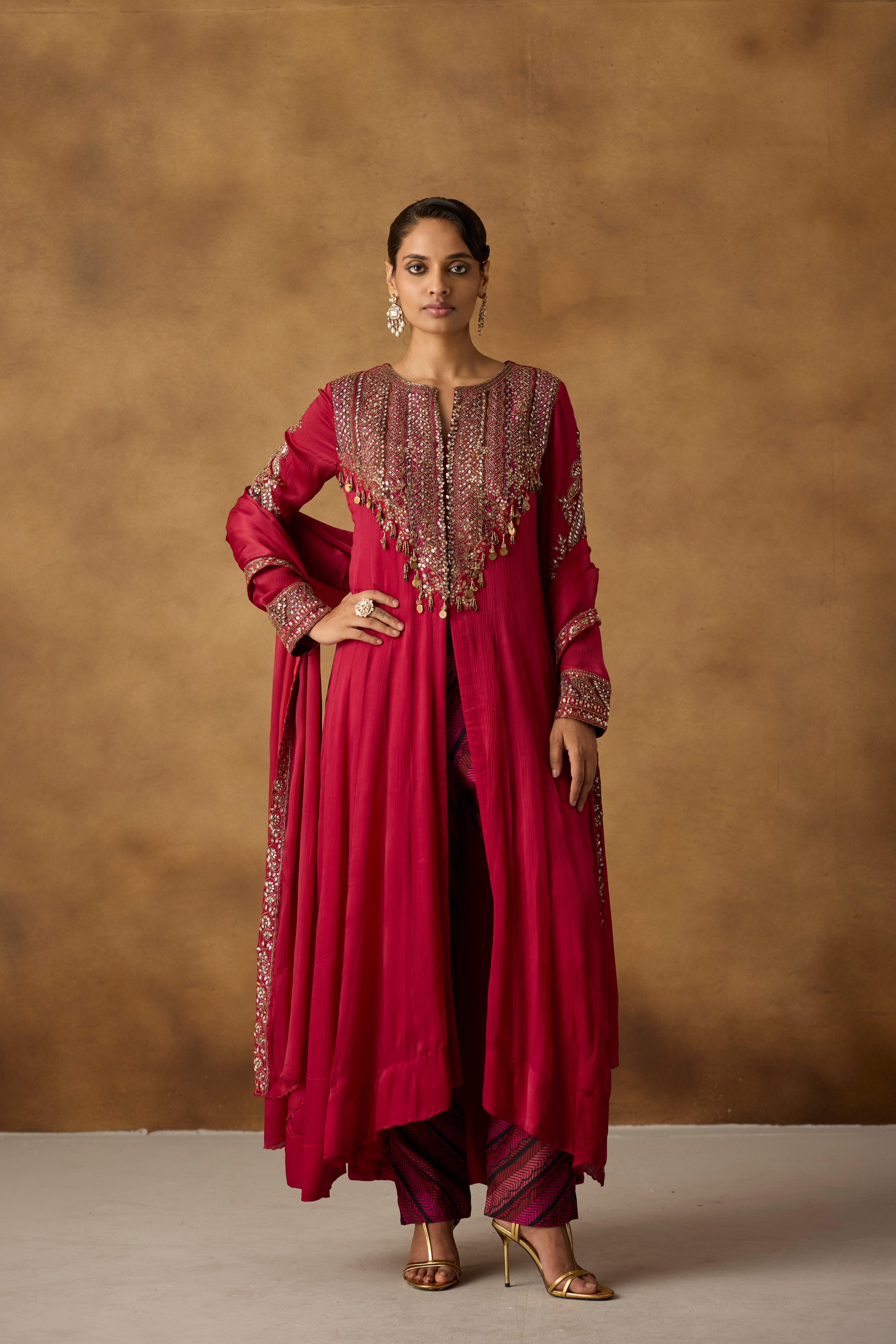 Striking Berry Pink Embellished Jacket Pant Set