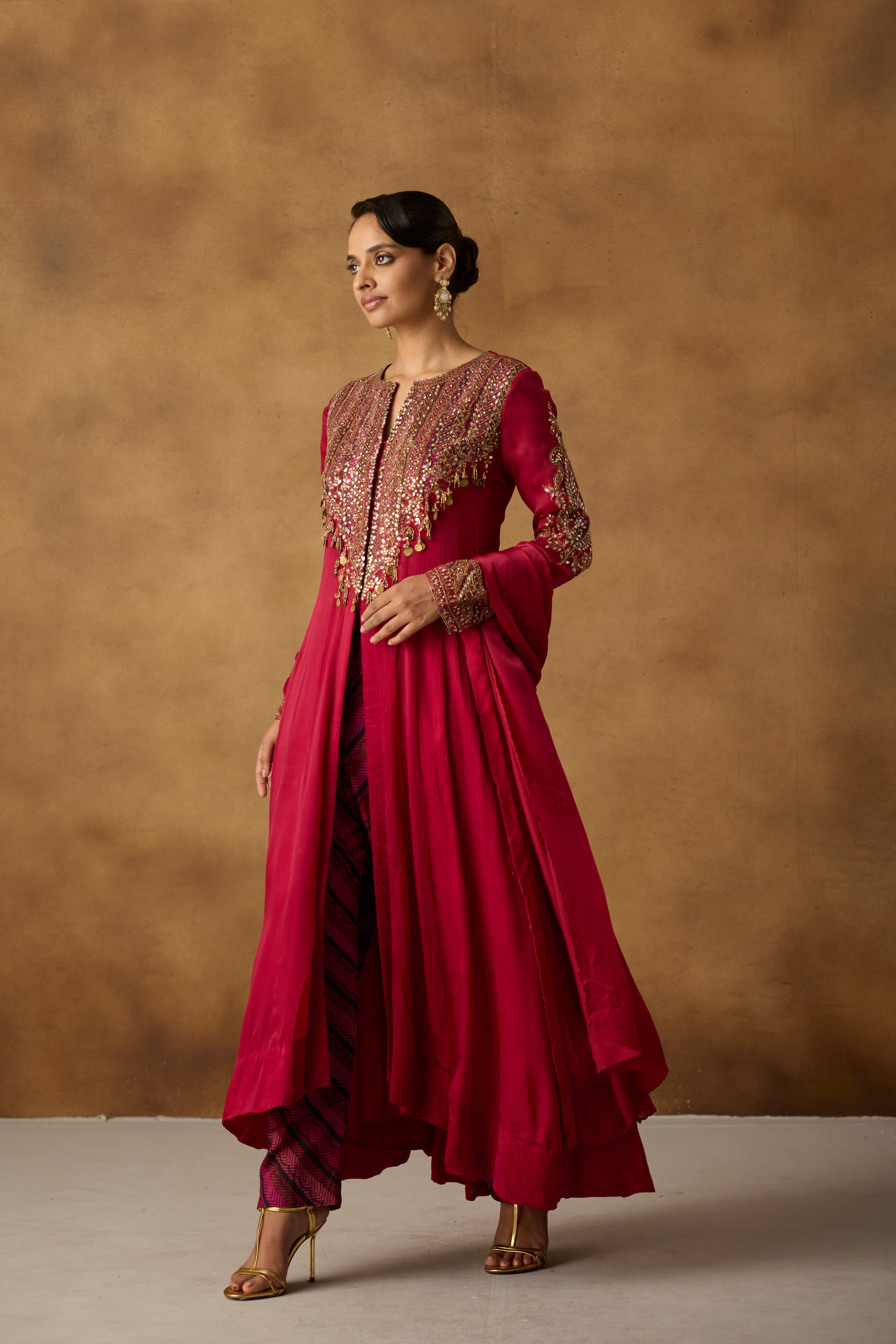 Striking Berry Pink Embellished Jacket Pant Set