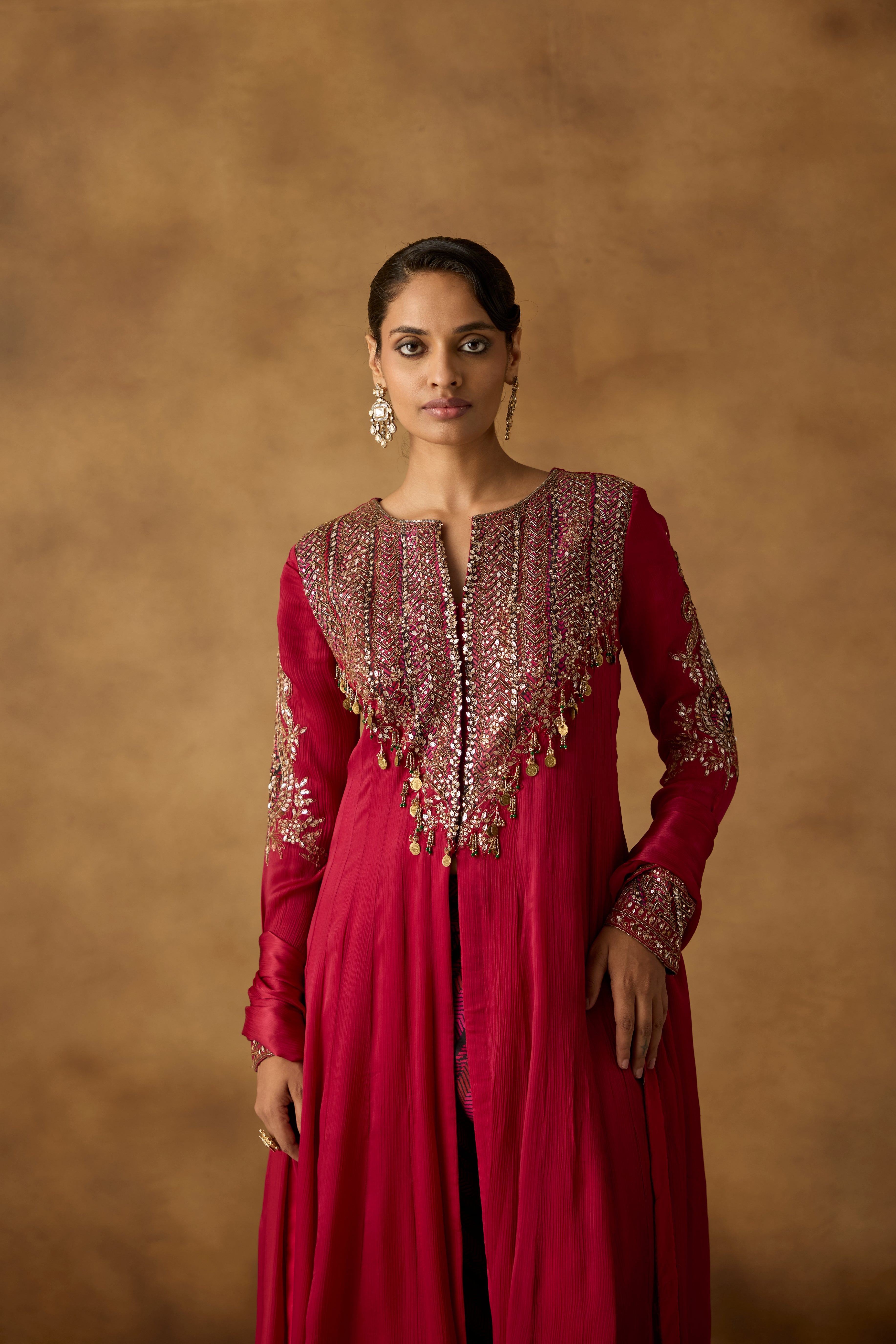 Striking Berry Pink Embellished Jacket Pant Set