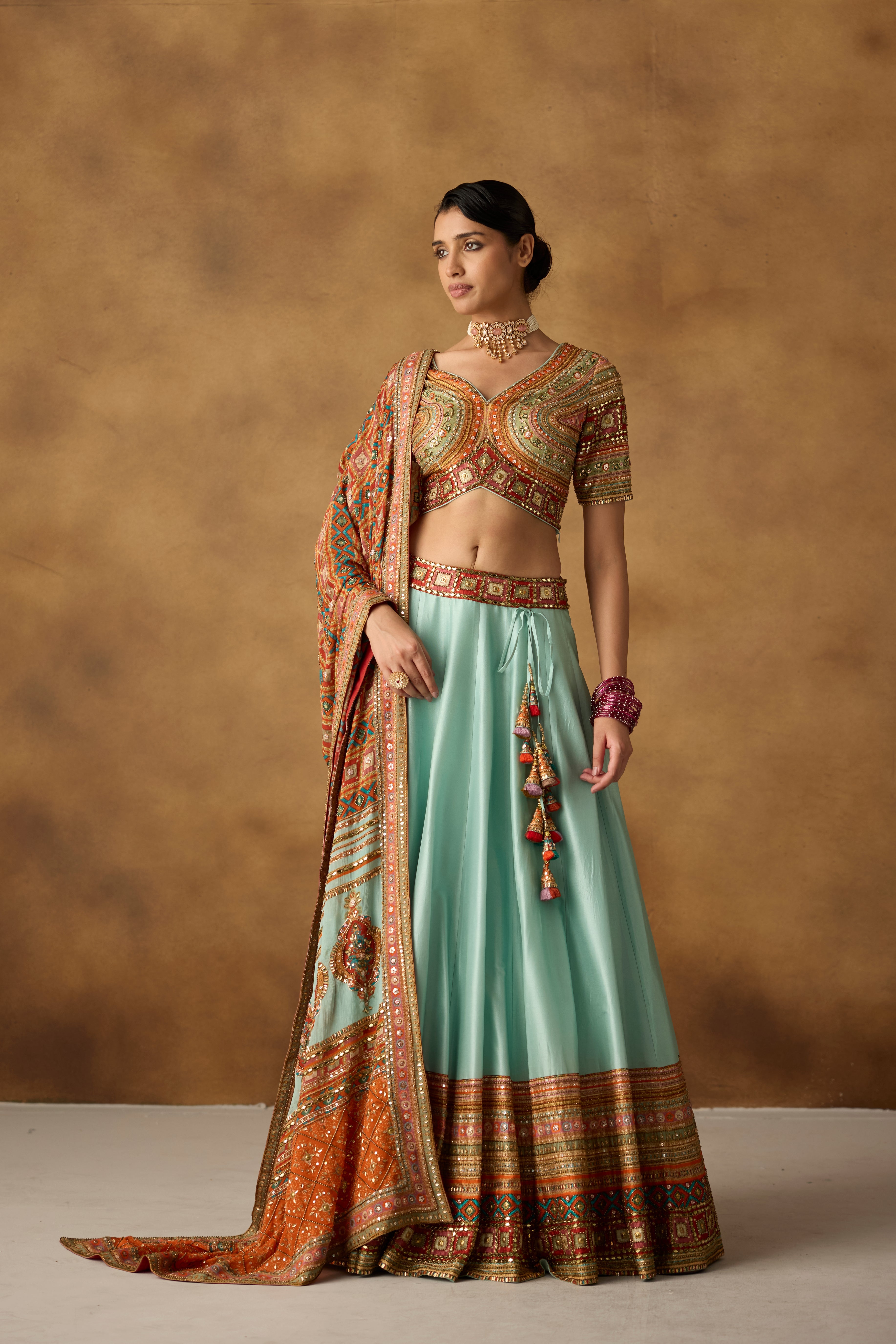 Cyan Blue Embellished Dola Silk Lehenga Set