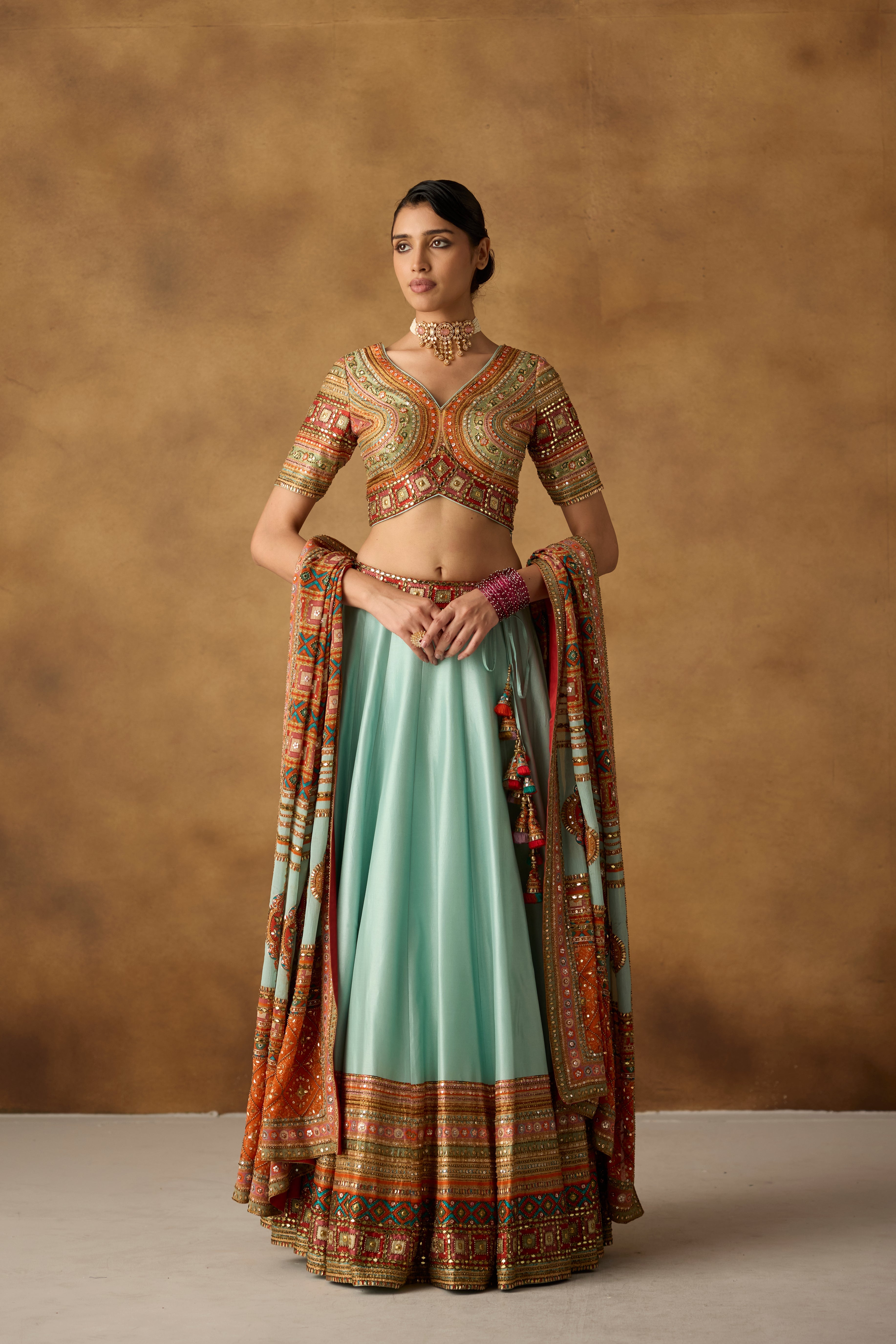 Cyan Blue Embellished Dola Silk Lehenga Set