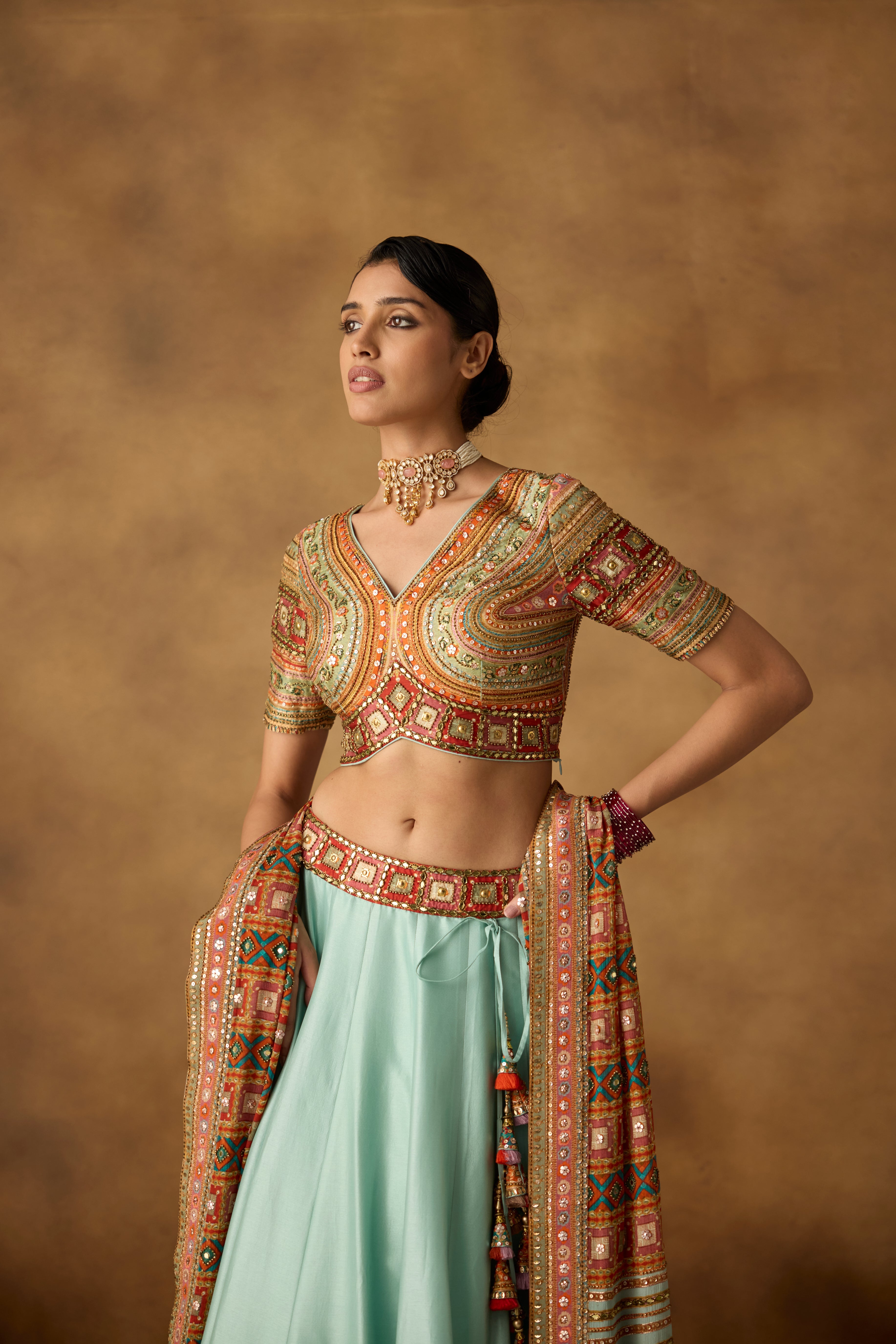 Cyan Blue Embellished Dola Silk Lehenga Set