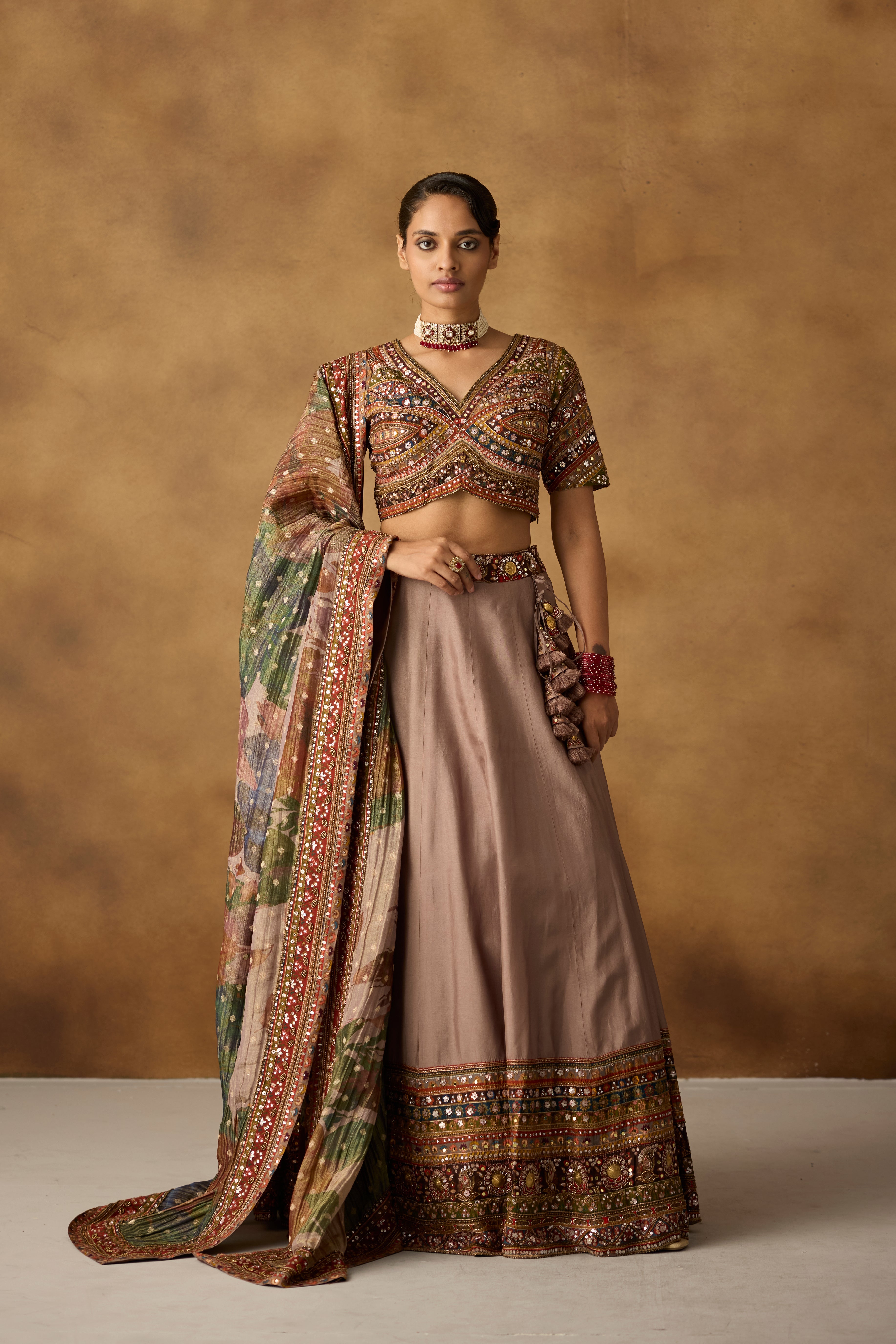 Taupe Multi Embellished Dola Silk Lehenga Set