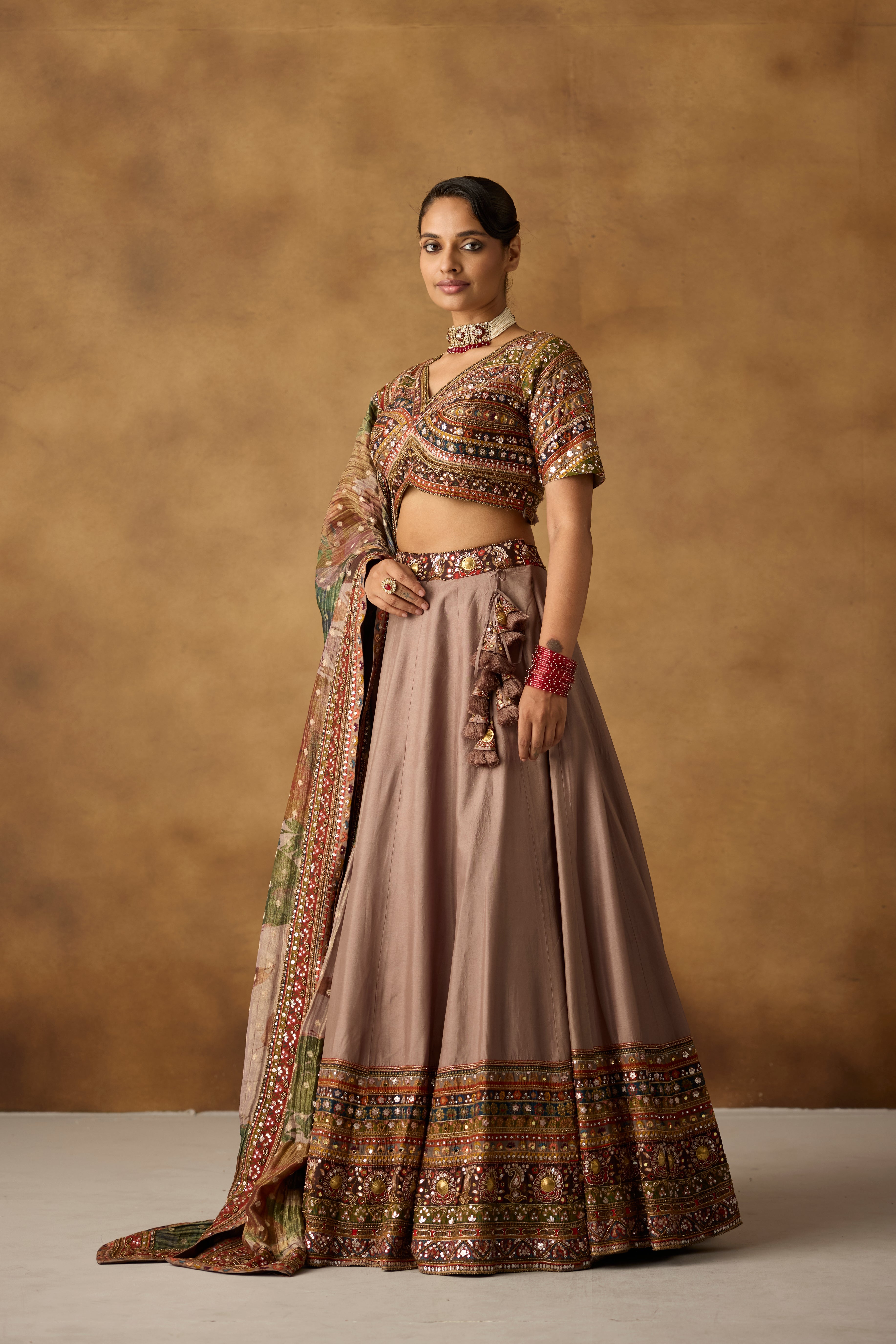 Taupe Multi Embellished Dola Silk Lehenga Set