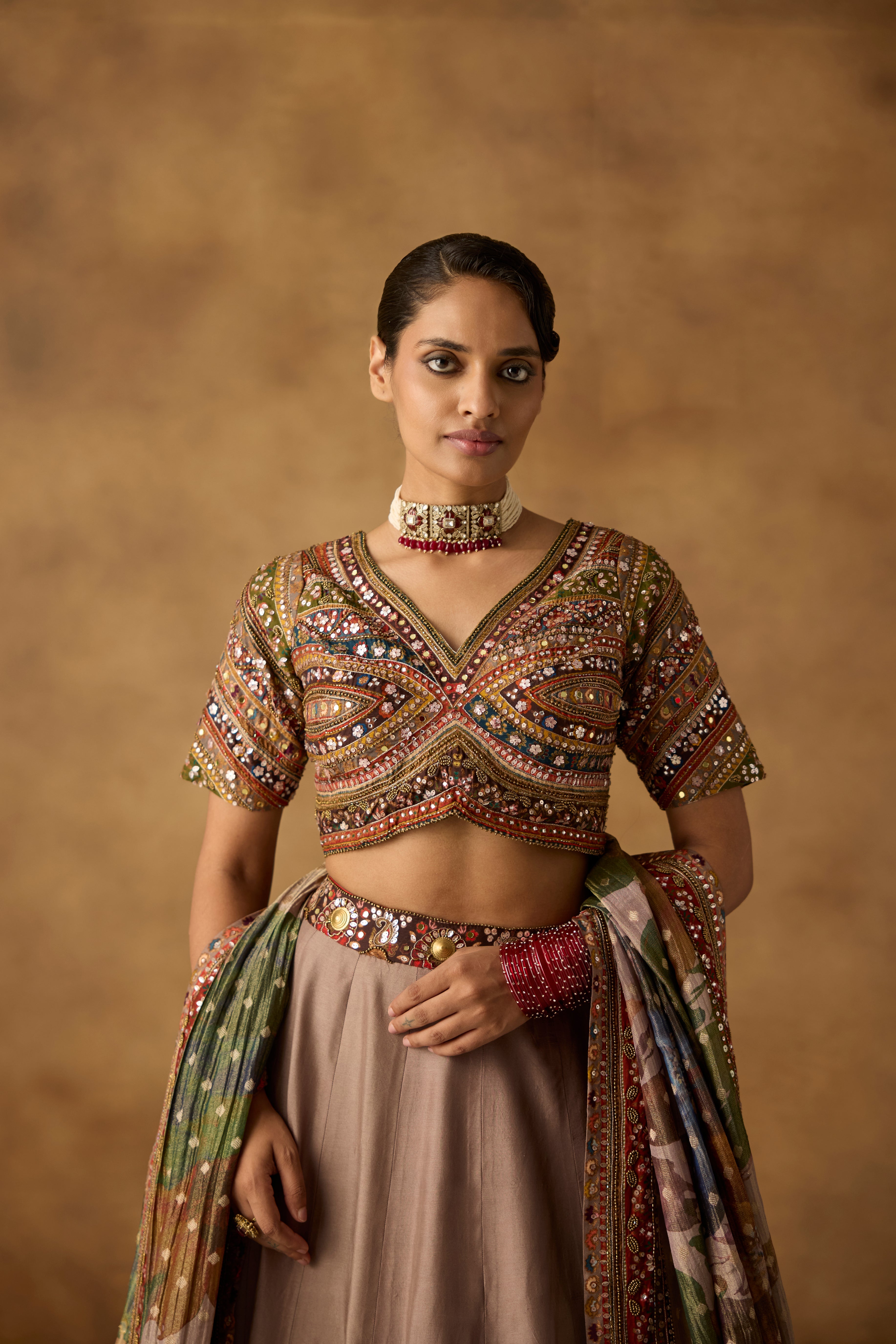 Taupe Multi Embellished Dola Silk Lehenga Set
