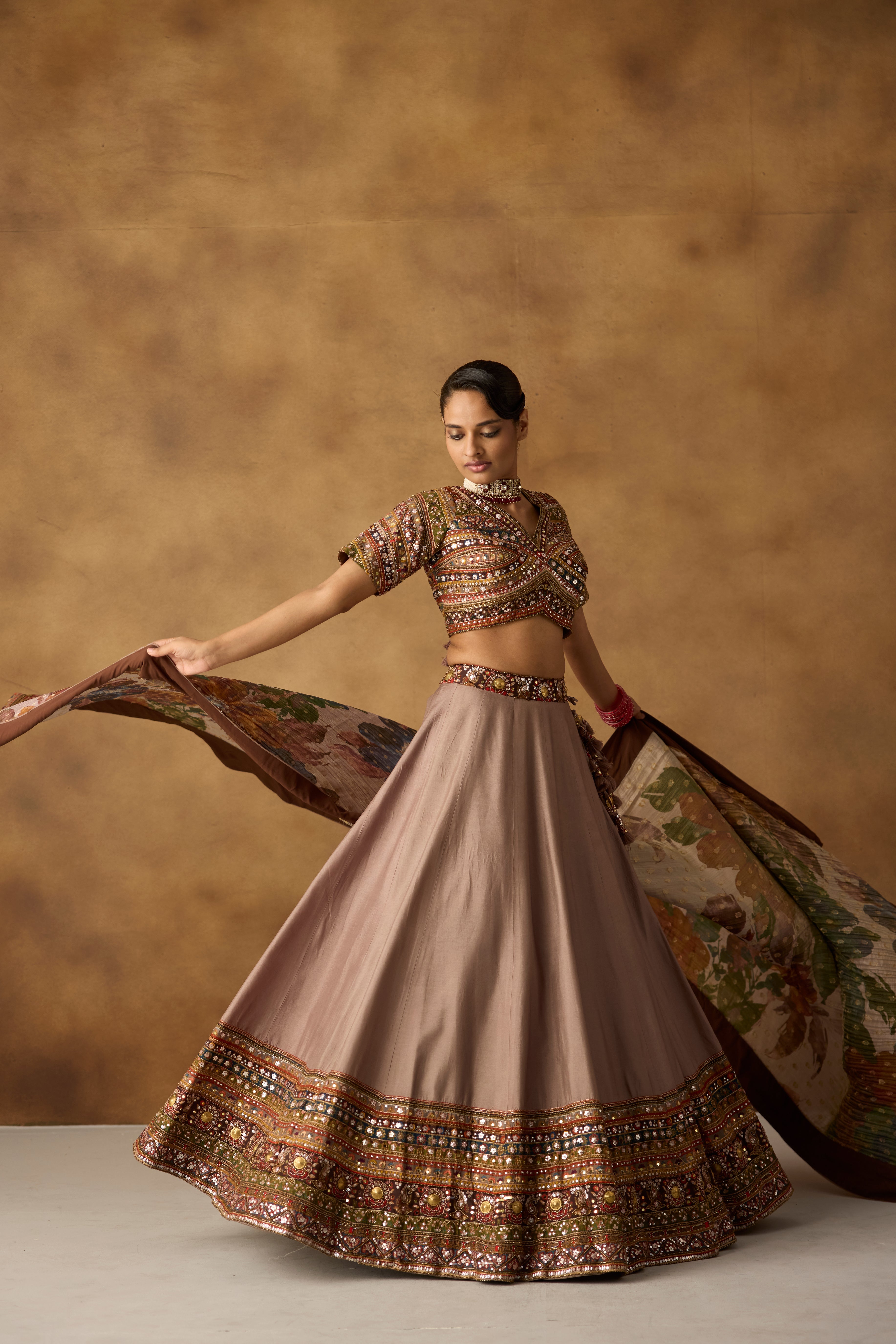Taupe Multi Embellished Dola Silk Lehenga Set