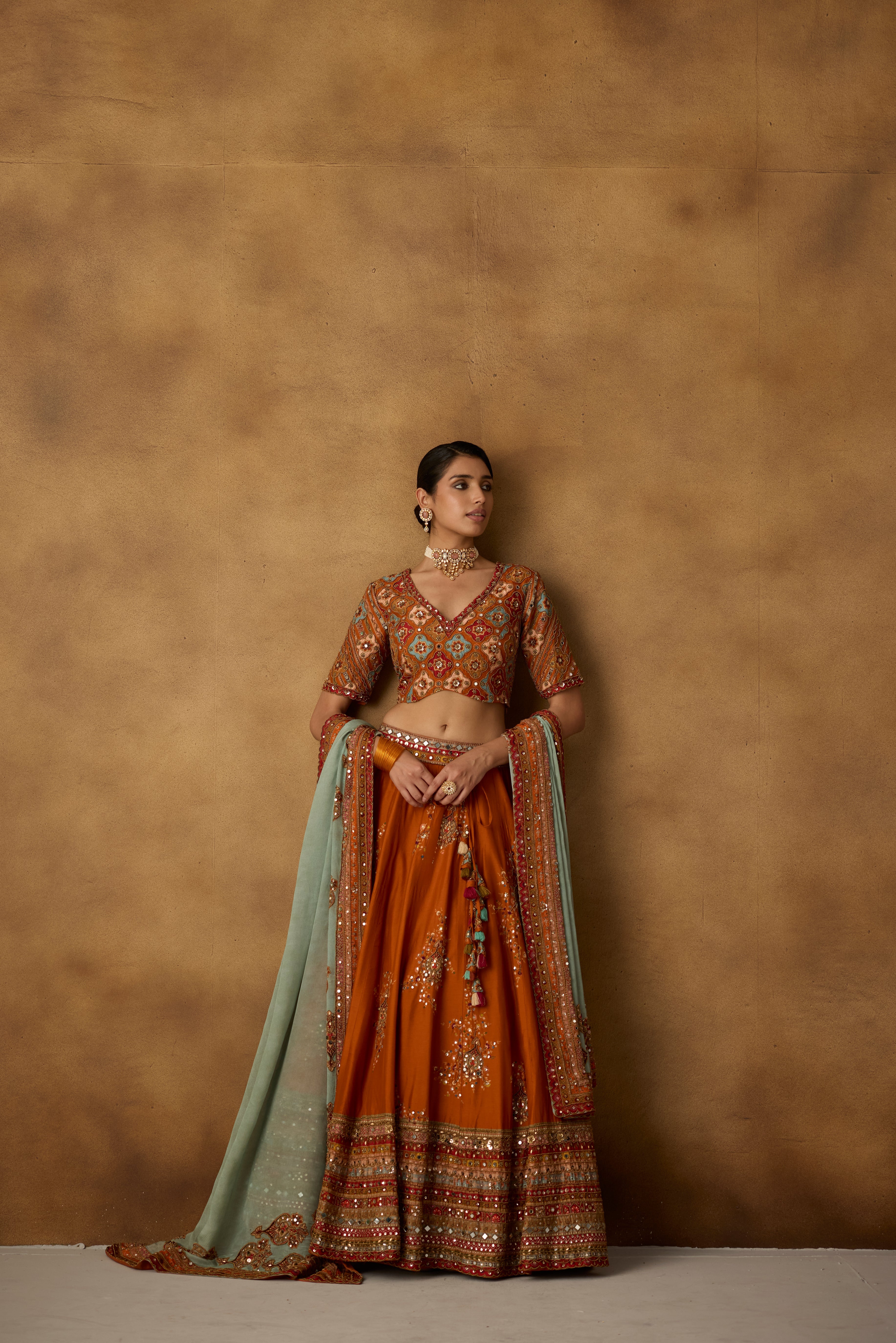 Rust Embellished Chanderi Silk Lehenga Set