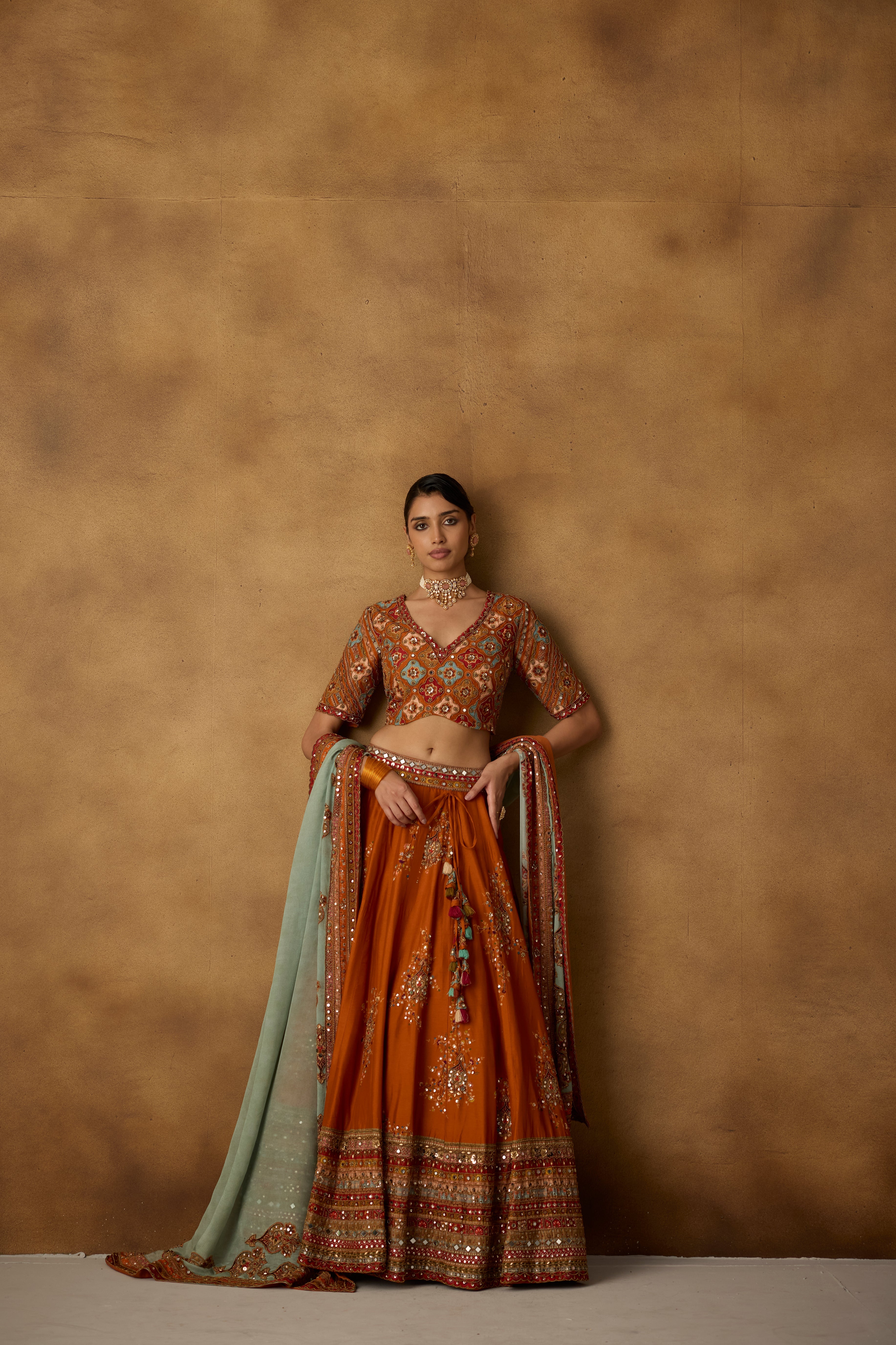 Rust Embellished Chanderi Silk Lehenga Set