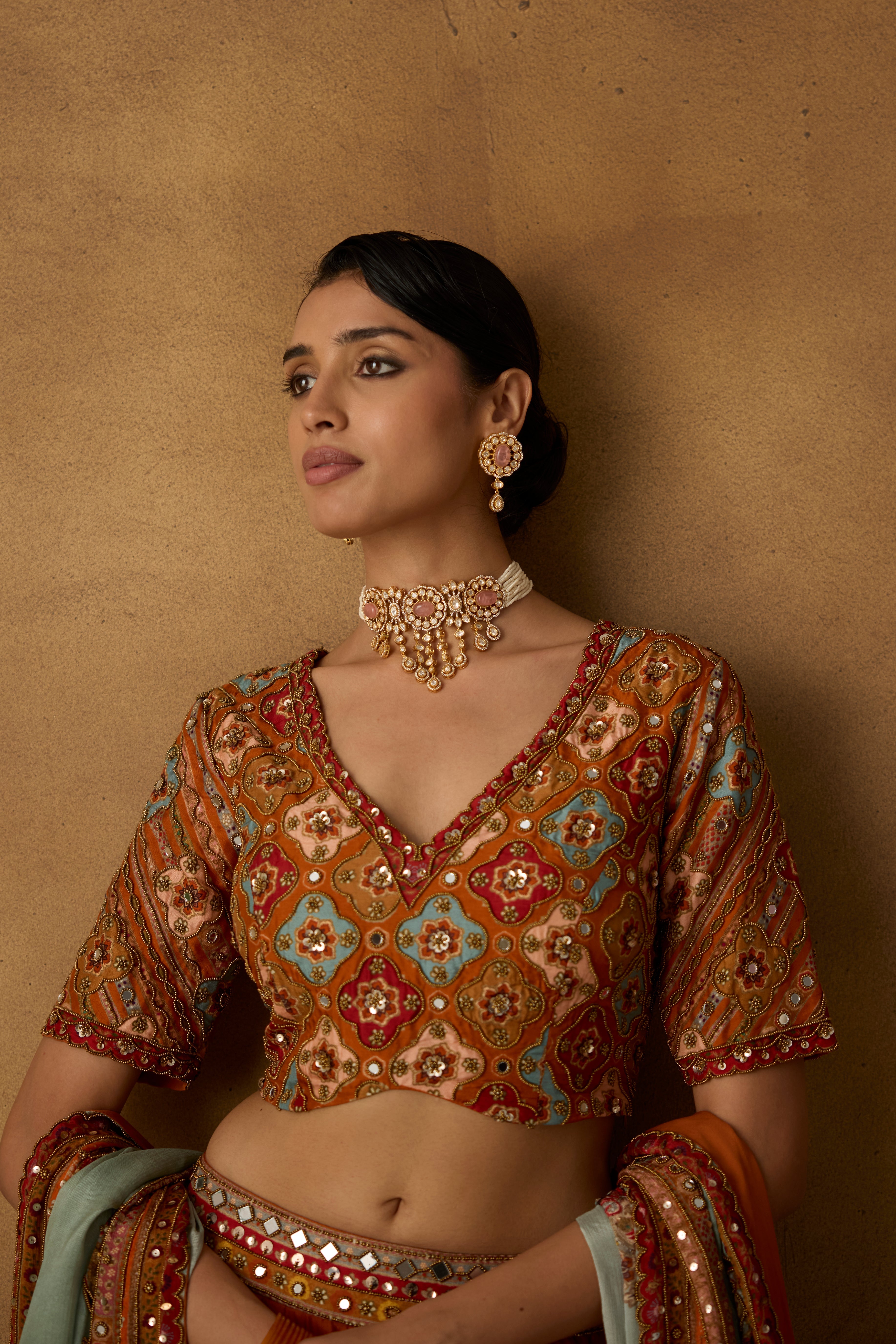 Rust Embellished Chanderi Silk Lehenga Set