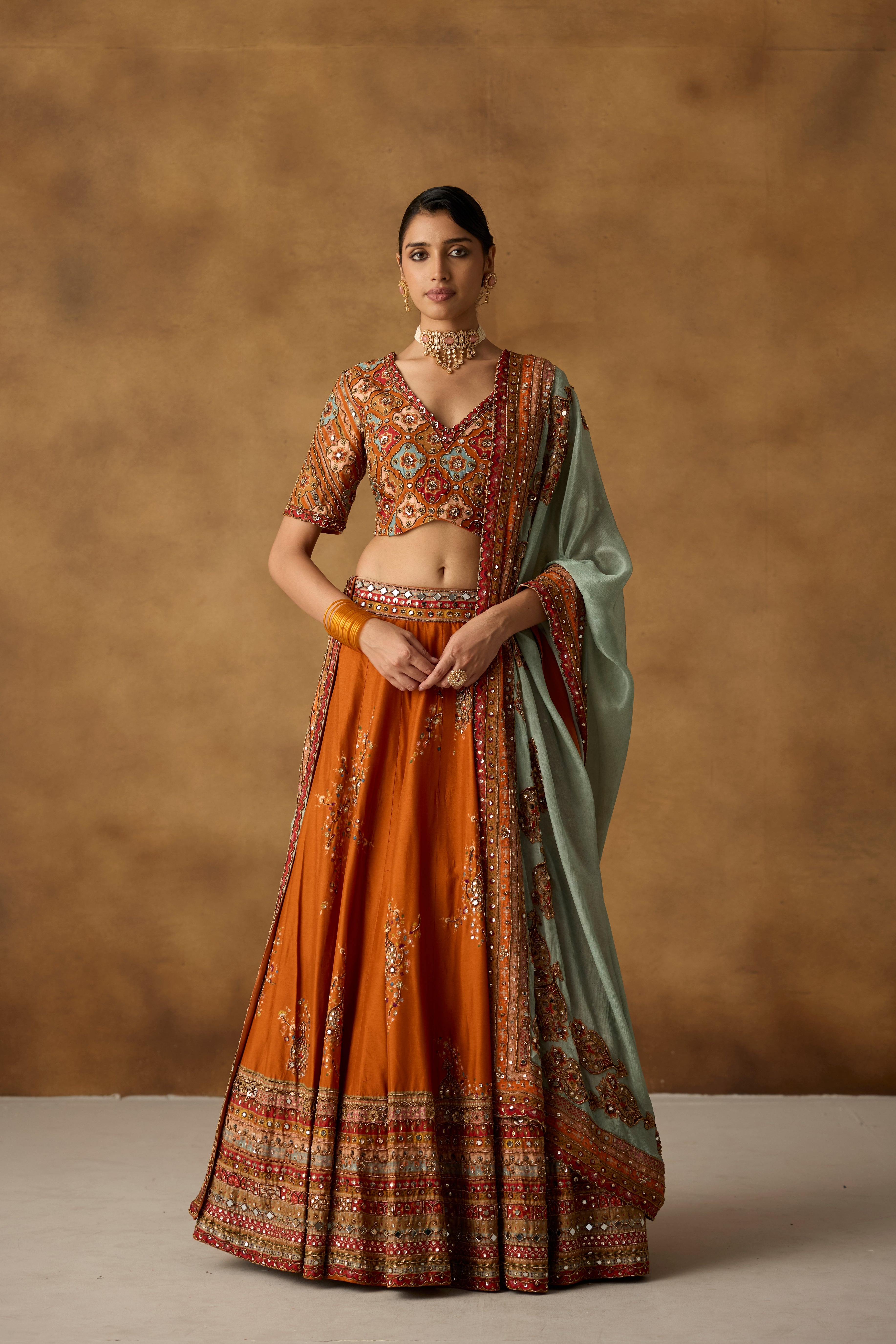 Rust Embellished Chanderi Silk Lehenga Set