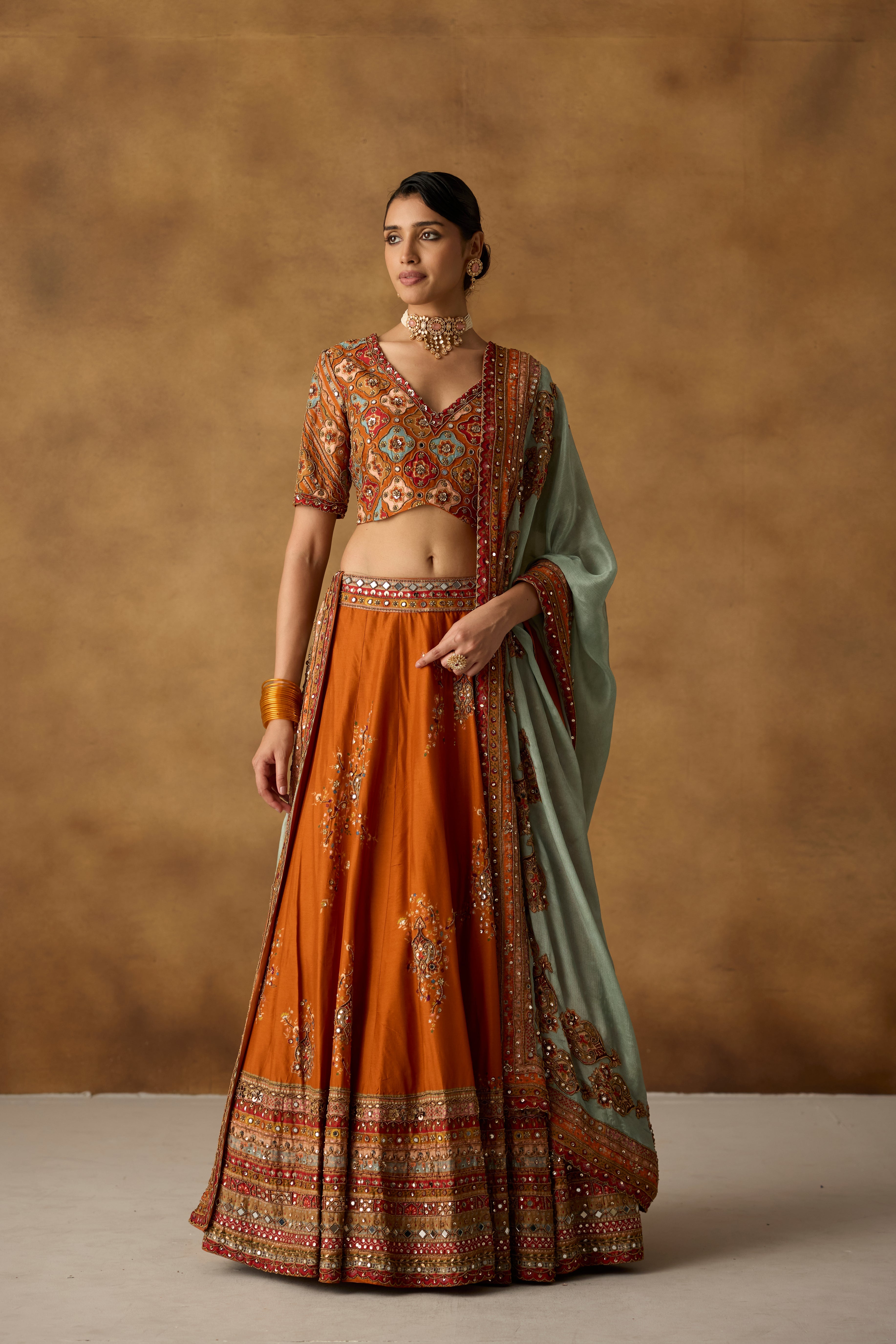 Rust Embellished Chanderi Silk Lehenga Set
