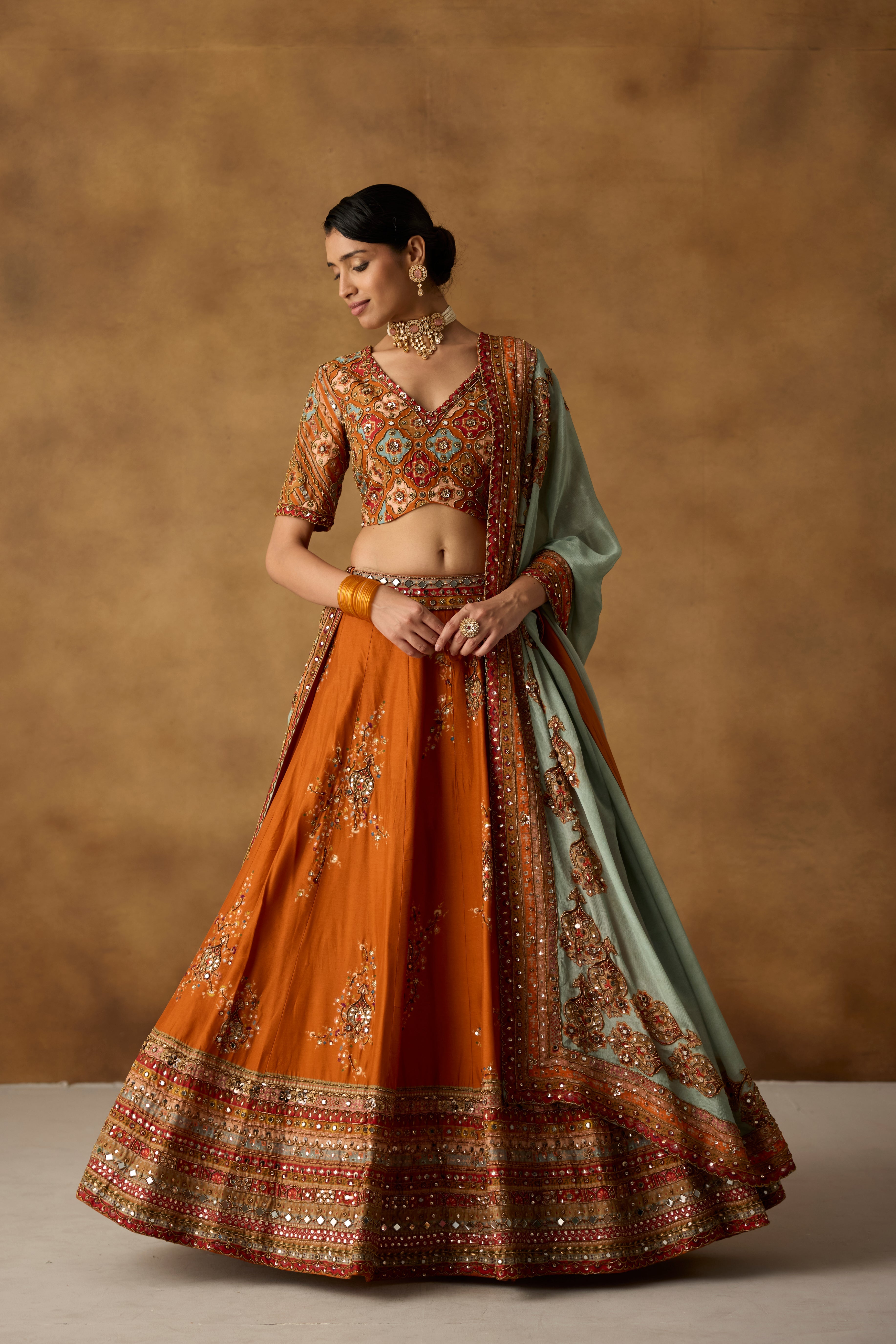 Rust Embellished Chanderi Silk Lehenga Set