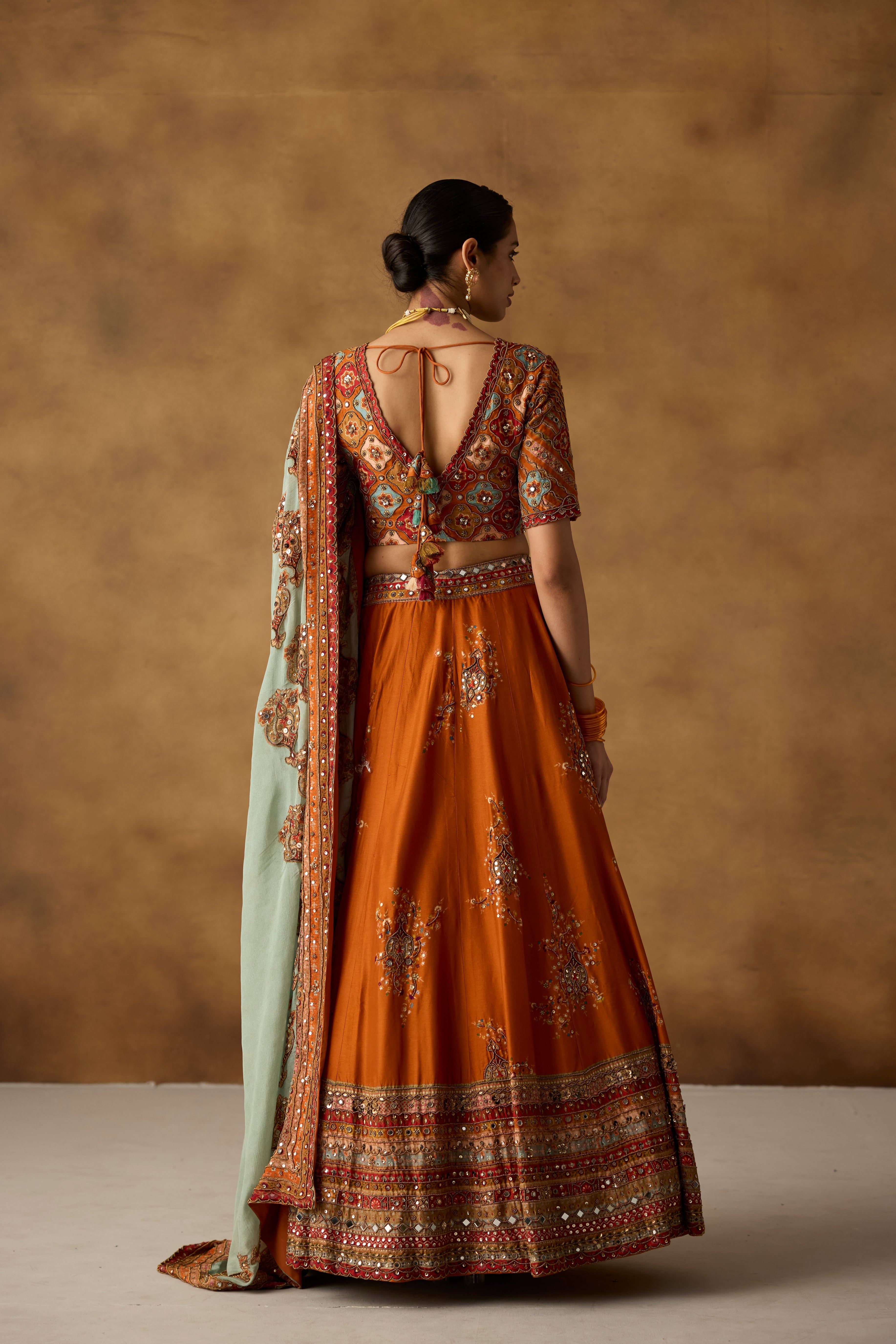 Rust Embellished Chanderi Silk Lehenga Set