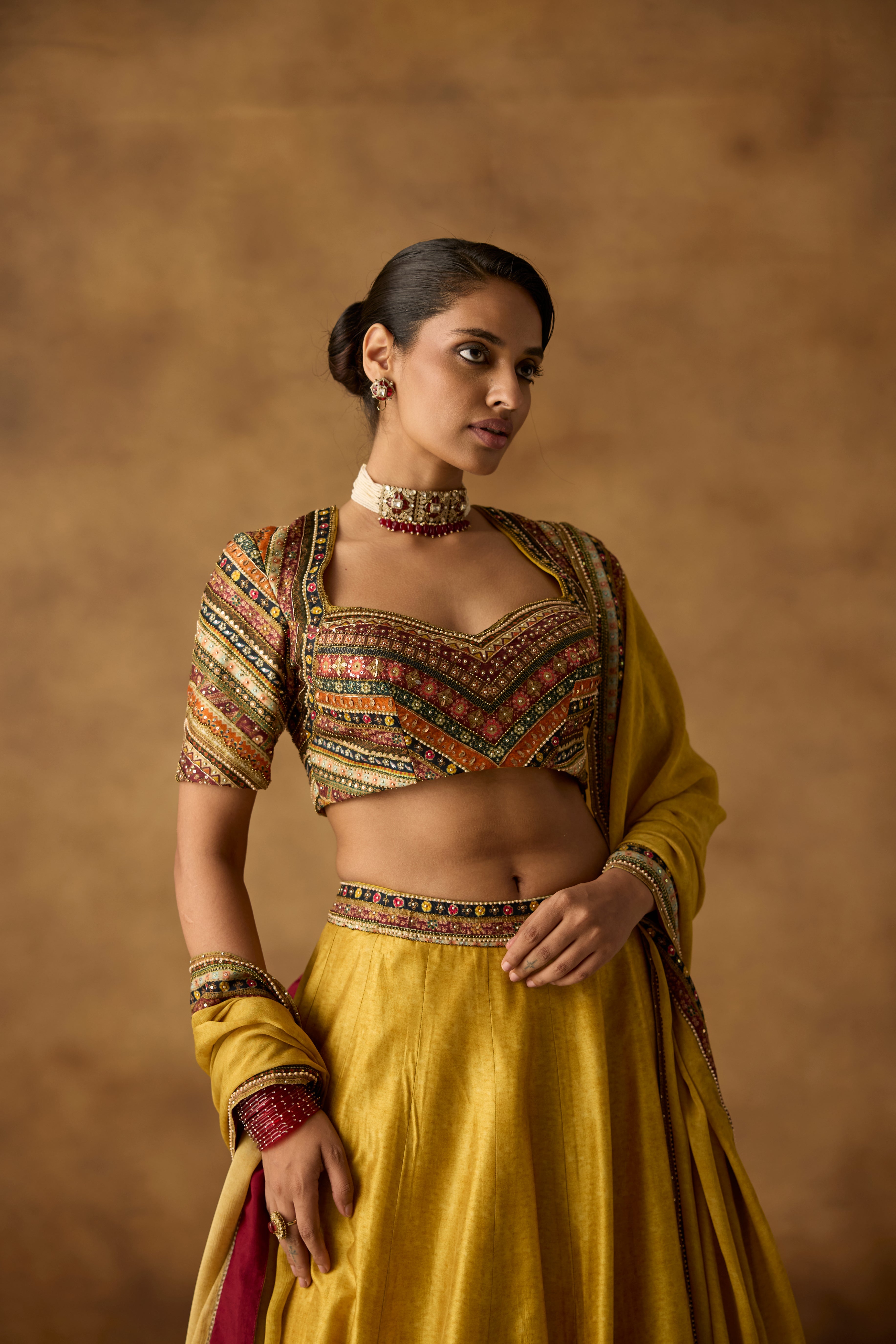 Mustard Yellow Embellished Dola Silk Lehenga Set