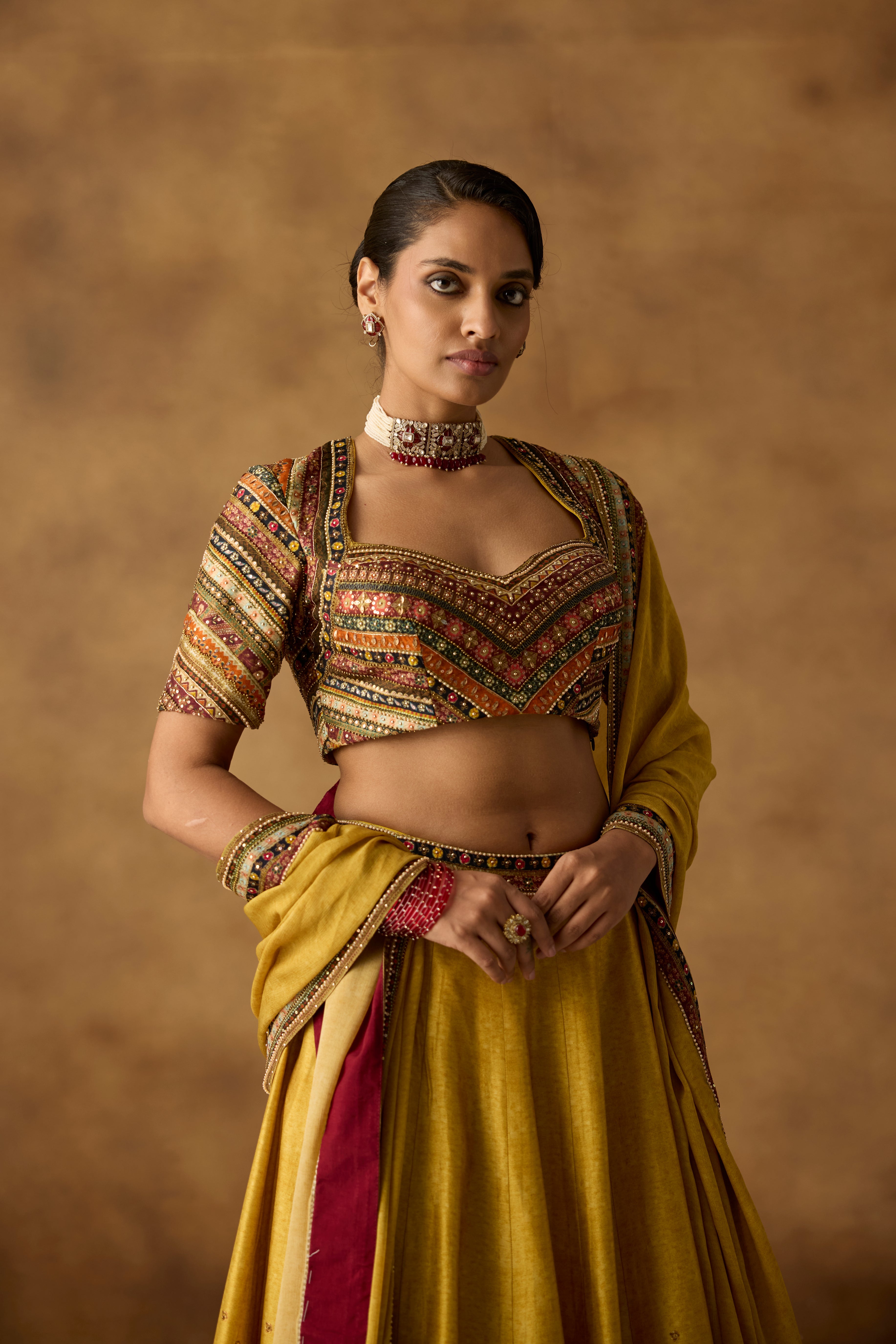 Mustard Yellow Embellished Dola Silk Lehenga Set