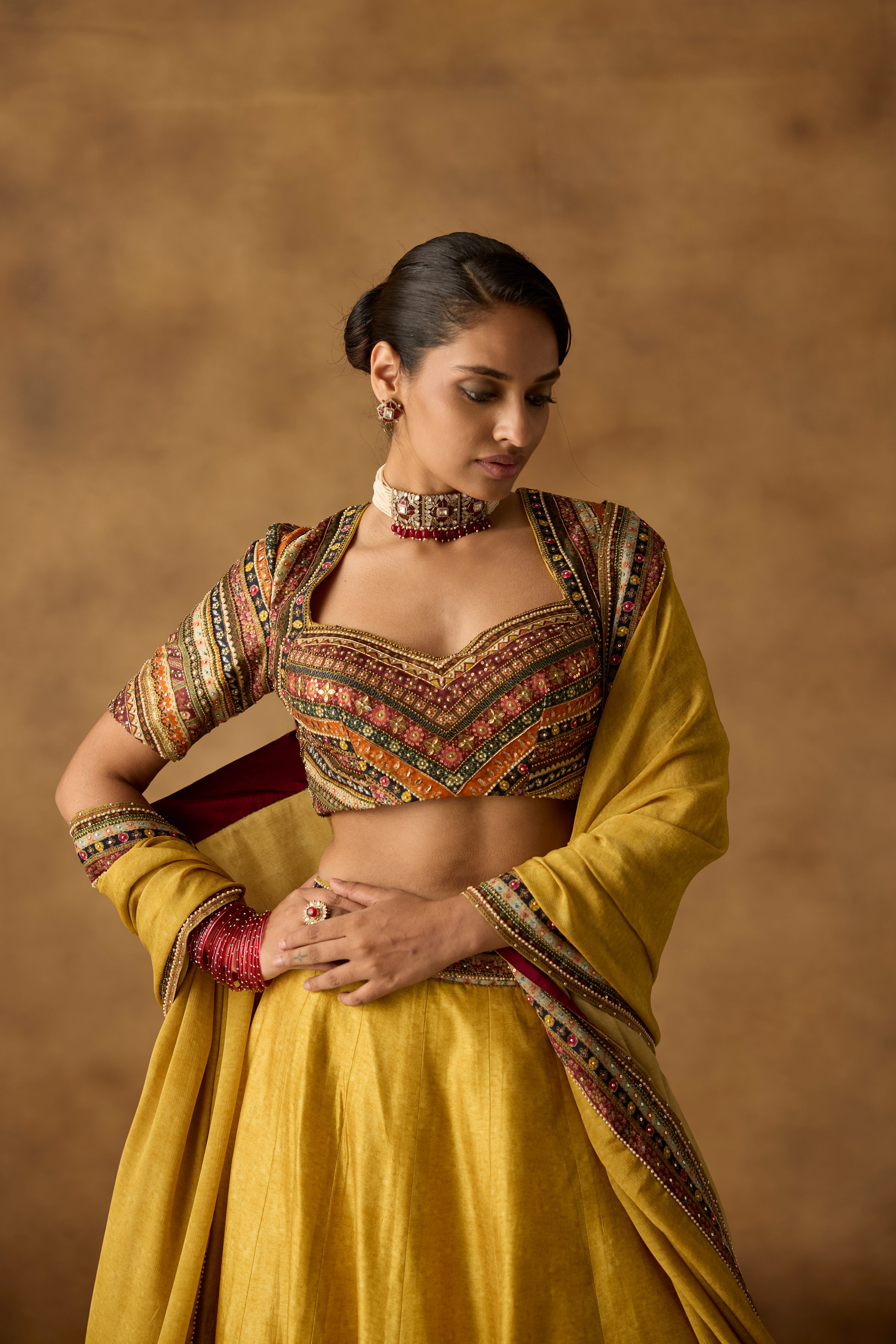 Mustard Yellow Embellished Dola Silk Lehenga Set
