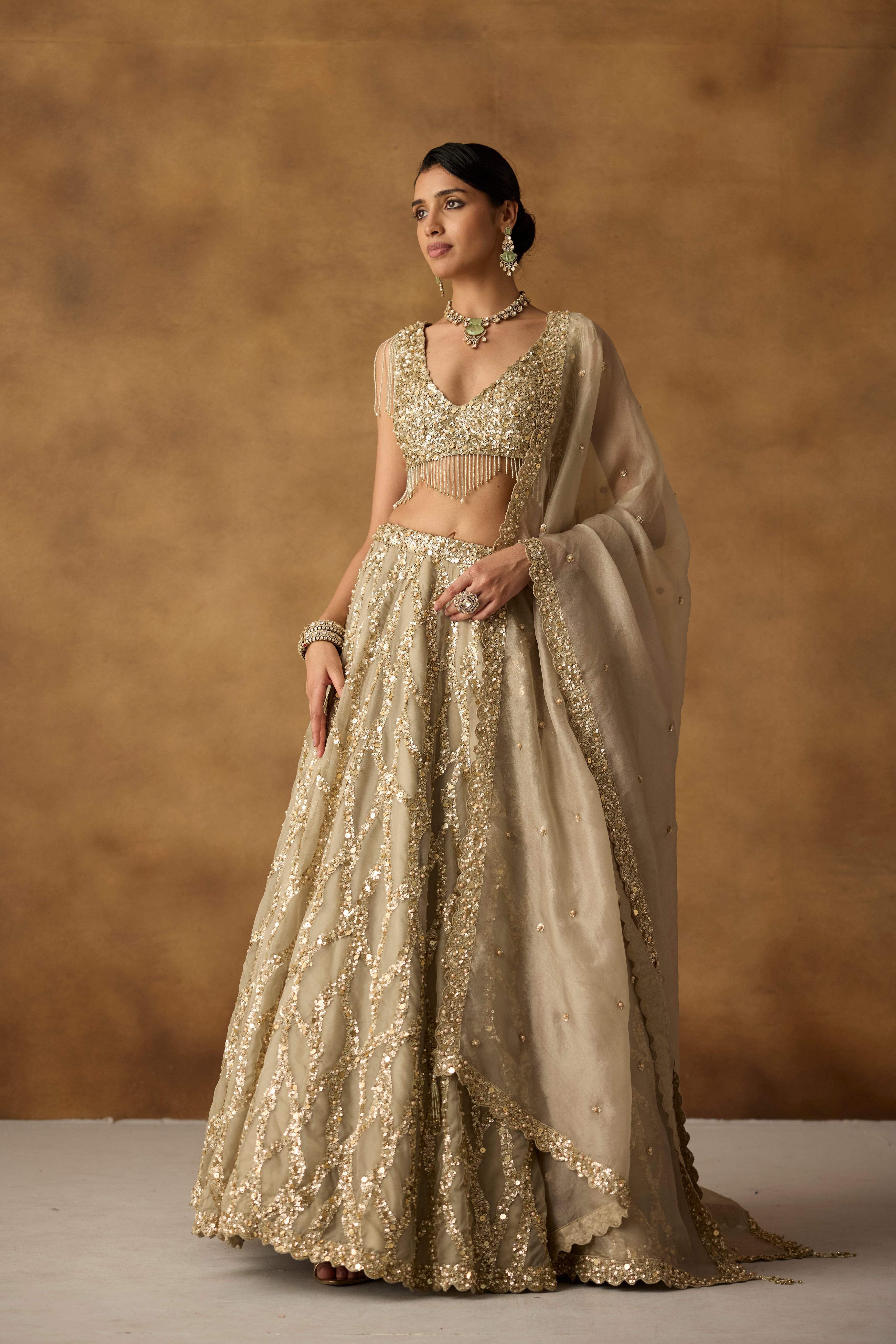 Sage Green Embellished Organza Silk Lehenga Set
