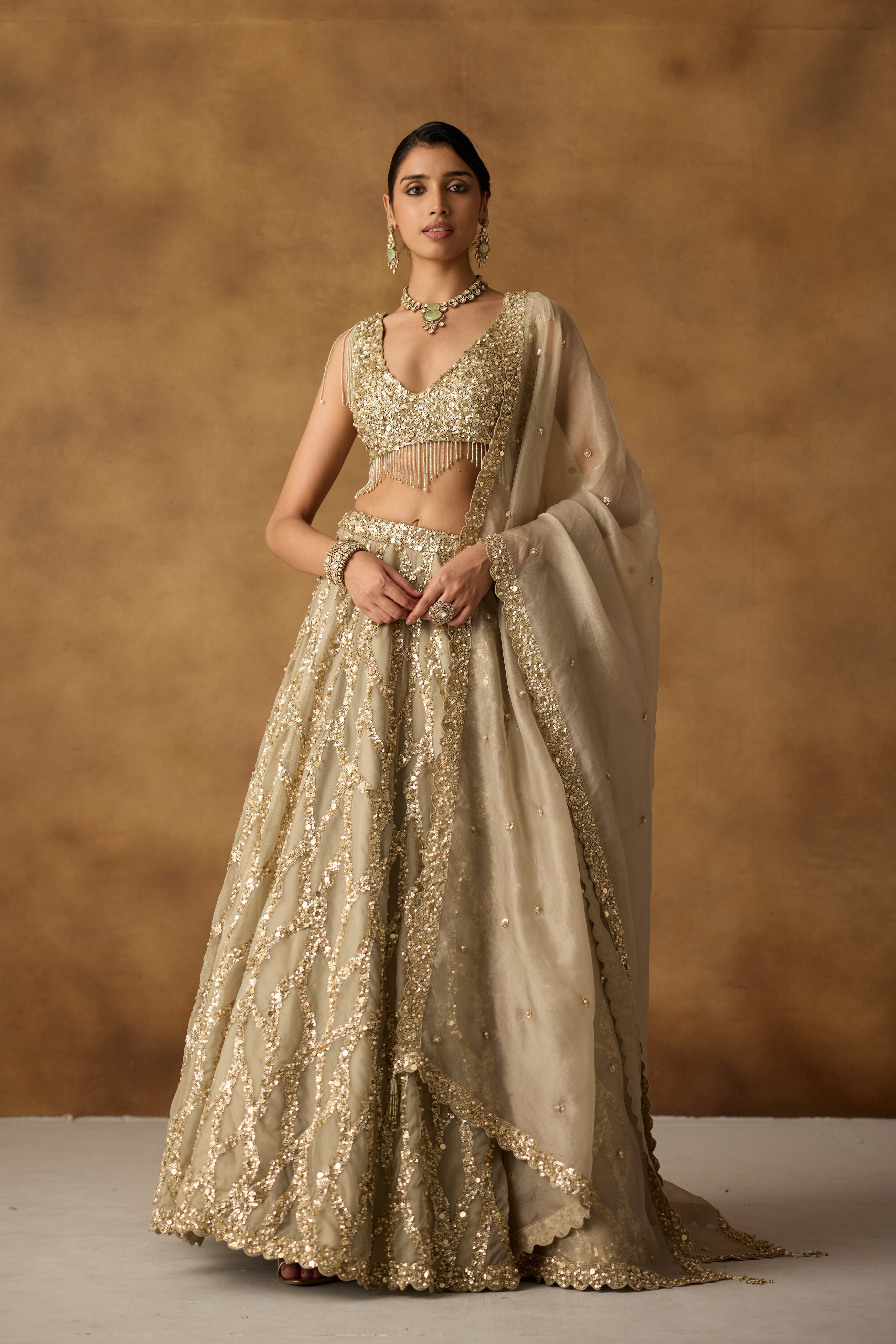 Sage Green Embellished Organza Silk Lehenga Set