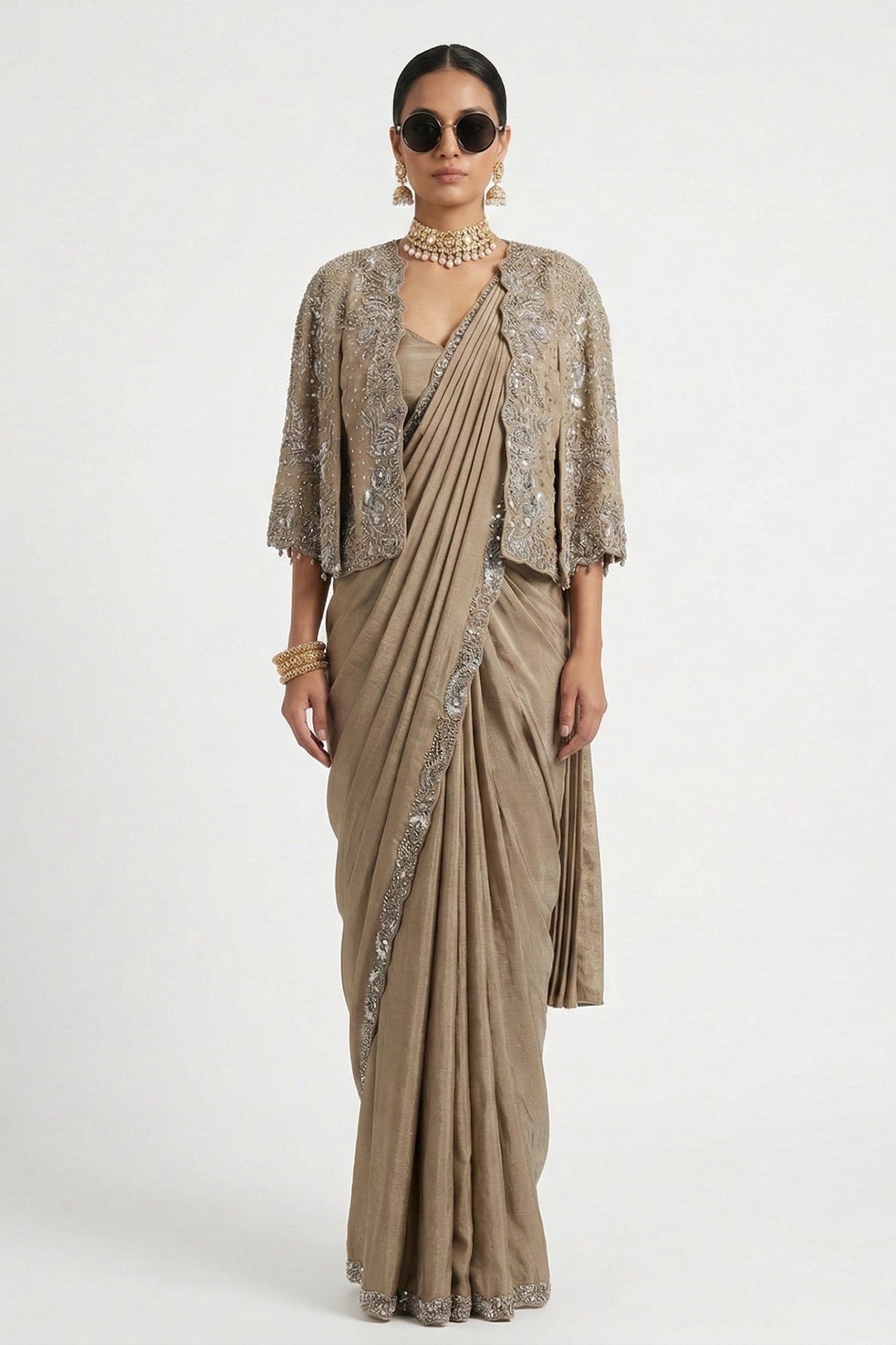 Vintage Beige Embellished Tissue Silk Draped Saree