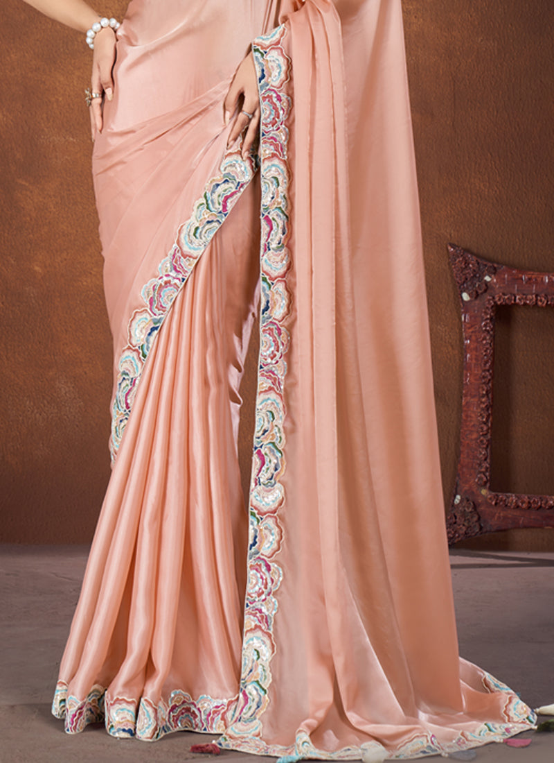 Peach Embroidered Crepe Satin Silk Saree